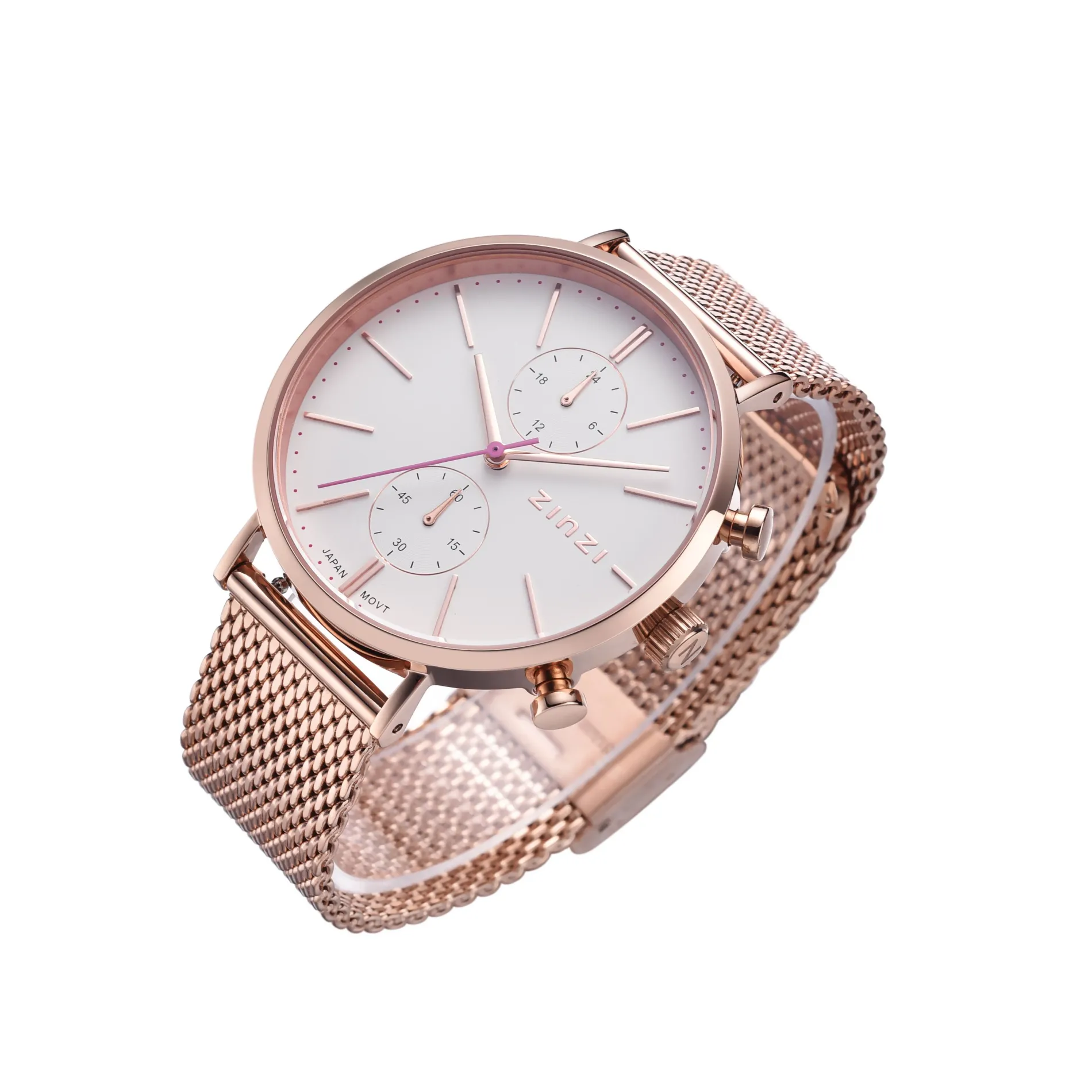 ZINZI Traveller horloge witte wijzerplaat en roségoudkleurige kast stalen mesh band roségoudkleurig 39mm dual time ZIW708M