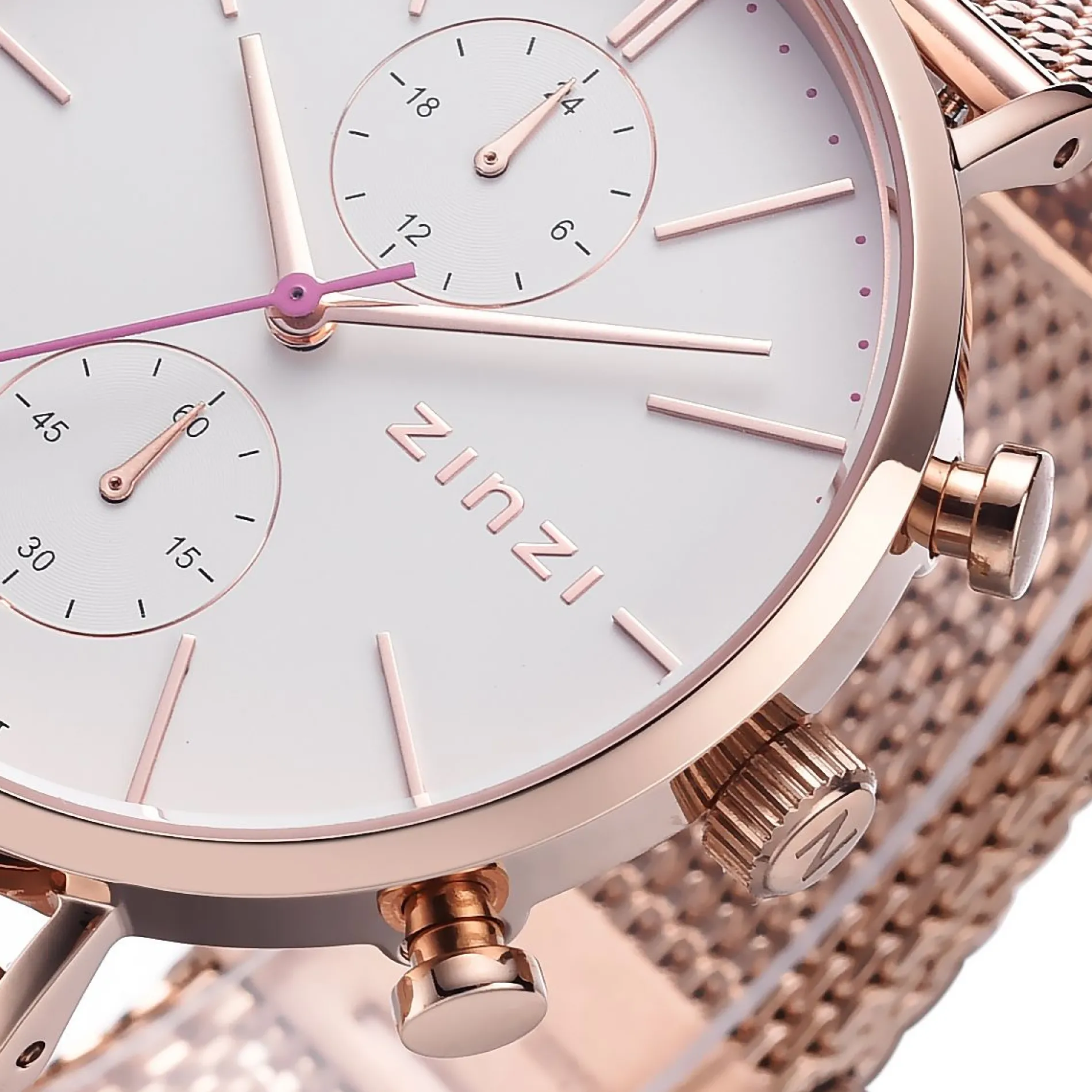 ZINZI Traveller horloge witte wijzerplaat en roségoudkleurige kast stalen mesh band roségoudkleurig 39mm dual time ZIW708M