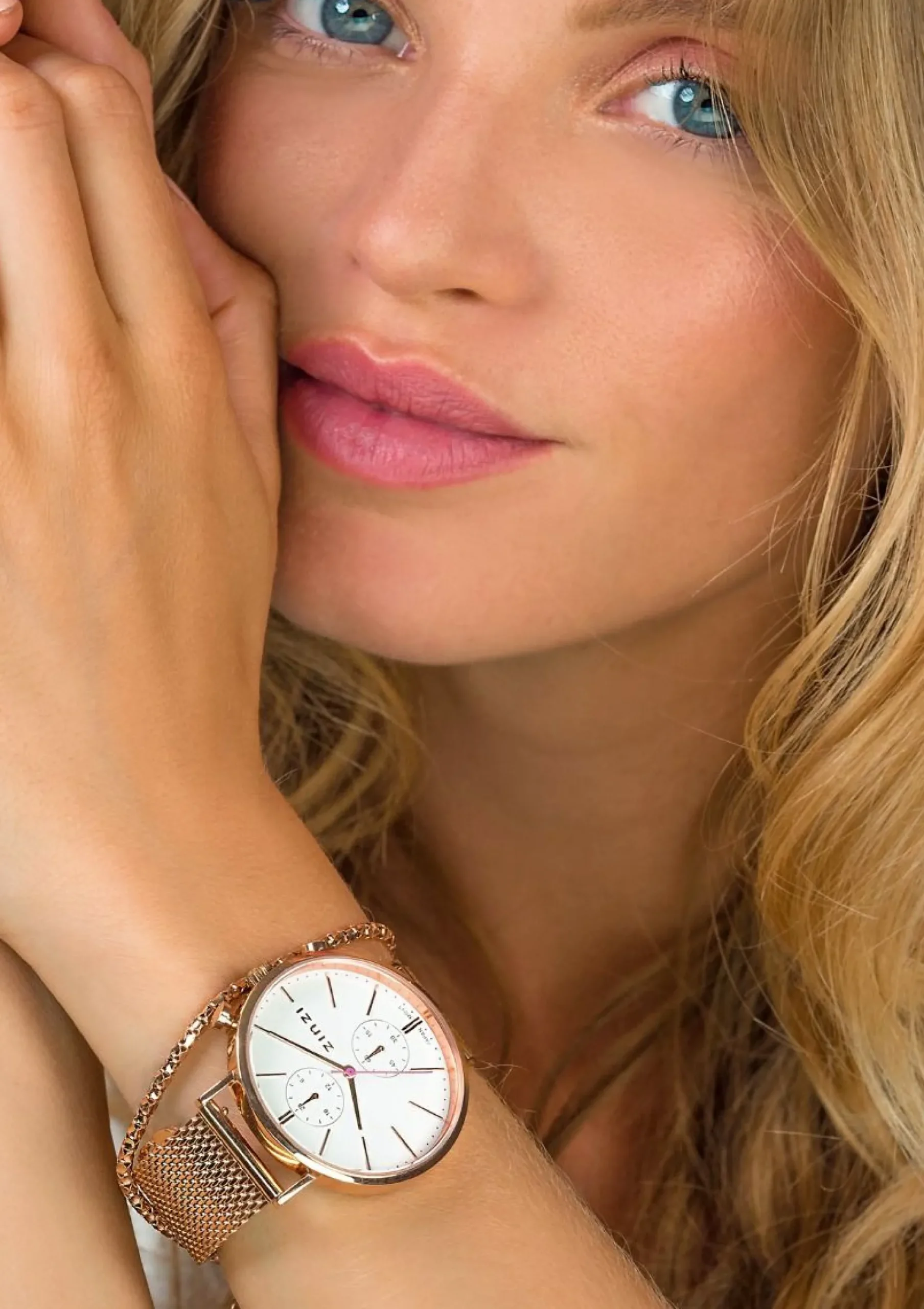 ZINZI Traveller horloge witte wijzerplaat en roségoudkleurige kast stalen mesh band roségoudkleurig 39mm dual time ZIW708M