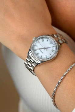 ZINZI Tresor horloge 32mm bezet met witte zirkonia's, parelmoer wijzerplaat en zilverkleurige stalen kast en schakelband ZIW2417