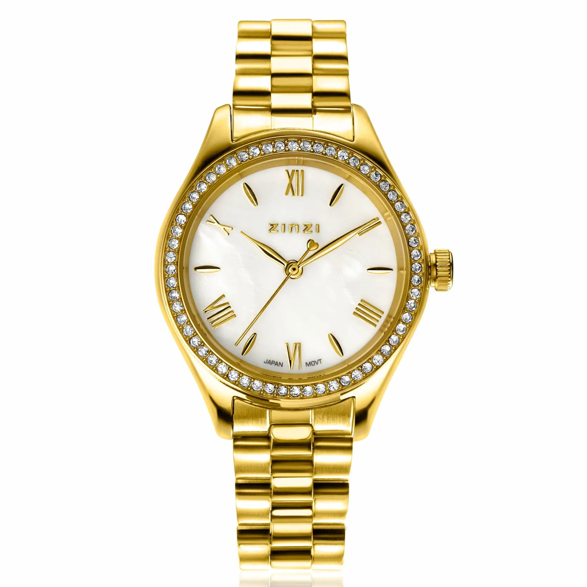 ZINZI Tresor horloge 32mm bezet met witte zirkonia's, parelmoer wijzerplaat en goudkleurige stalen kast en schakelband ZIW2434