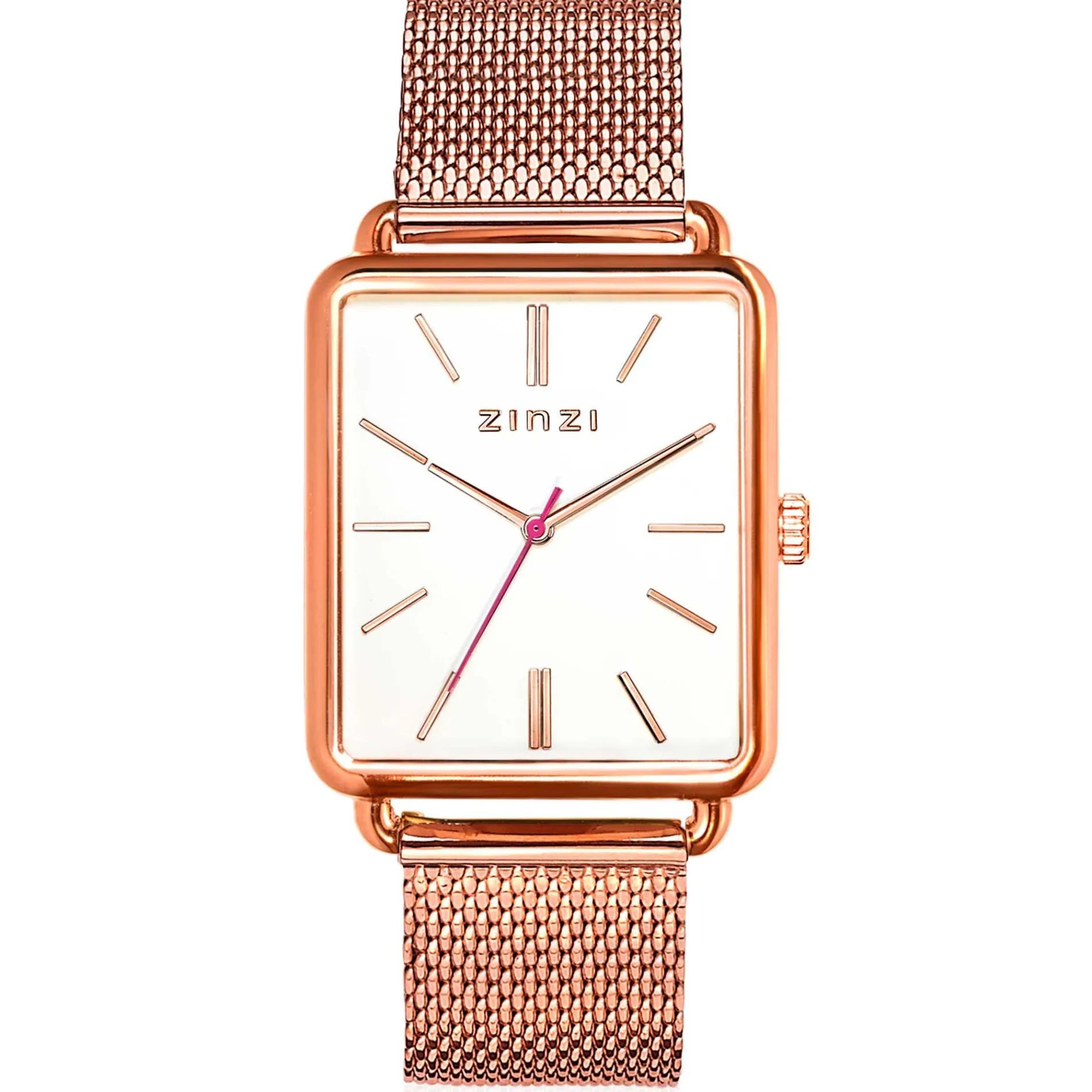 ZINZI Vintage Retro horloge witte wijzerplaat en rechthoekige roségoudkleurige kast stalen mesh band 34mm extra dun ZIW908M