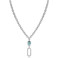 ZINZI zilveren ovale schakel ketting 45cm met luxe hanger met ovale schakel, bezet met witte zirconia's. En groenachtig blauwe (petrol) kleursteen in vierpootszetting ZIC2487