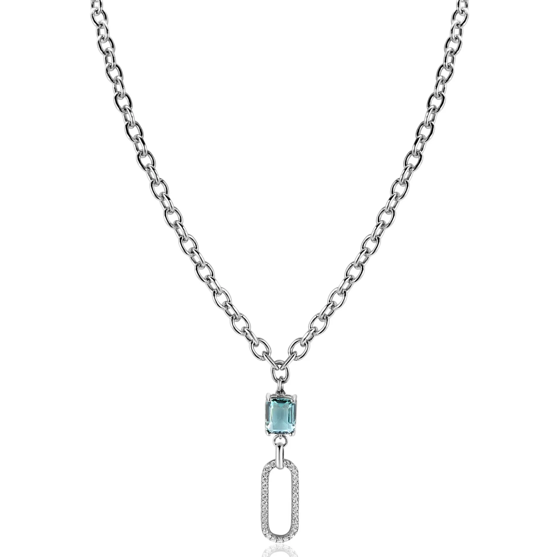 ZINZI zilveren ovale schakel ketting 45cm met luxe hanger met ovale schakel, bezet met witte zirconia's. En groenachtig blauwe (petrol) kleursteen in vierpootszetting ZIC2487