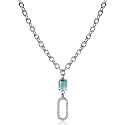 ZINZI zilveren ovale schakel ketting 45cm met luxe hanger met ovale schakel, bezet met witte zirconia's. En groenachtig blauwe (petrol) kleursteen in vierpootszetting ZIC2487