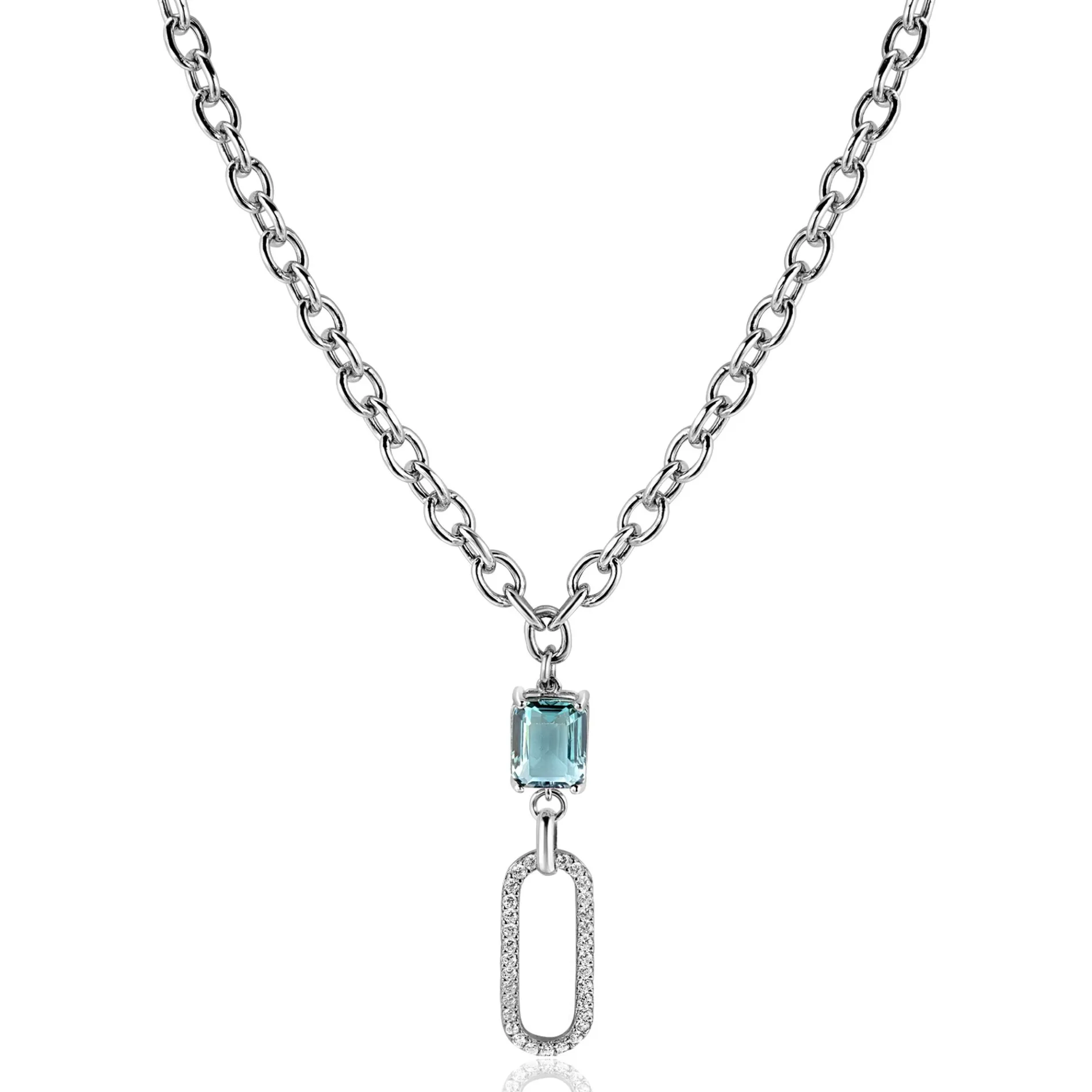 ZINZI zilveren ovale schakel ketting 45cm met luxe hanger met ovale schakel, bezet met witte zirconia's. En groenachtig blauwe (petrol) kleursteen in vierpootszetting ZIC2487