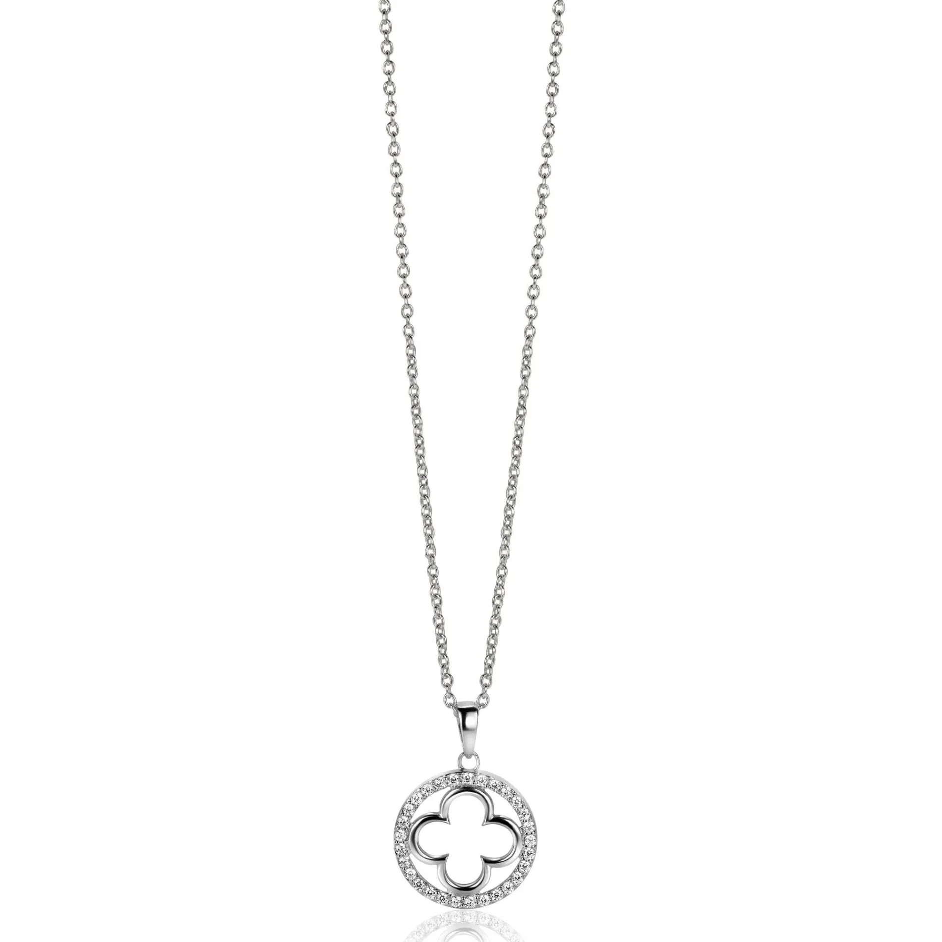 ZINZI zilveren anker ketting met luxe klaver hanger (15mm) rondom bezet met witte zirconia's 45-48cm ZIC2617