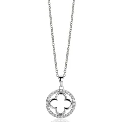 ZINZI zilveren anker ketting met luxe klaver hanger (15mm) rondom bezet met witte zirconia's 45-48cm ZIC2617