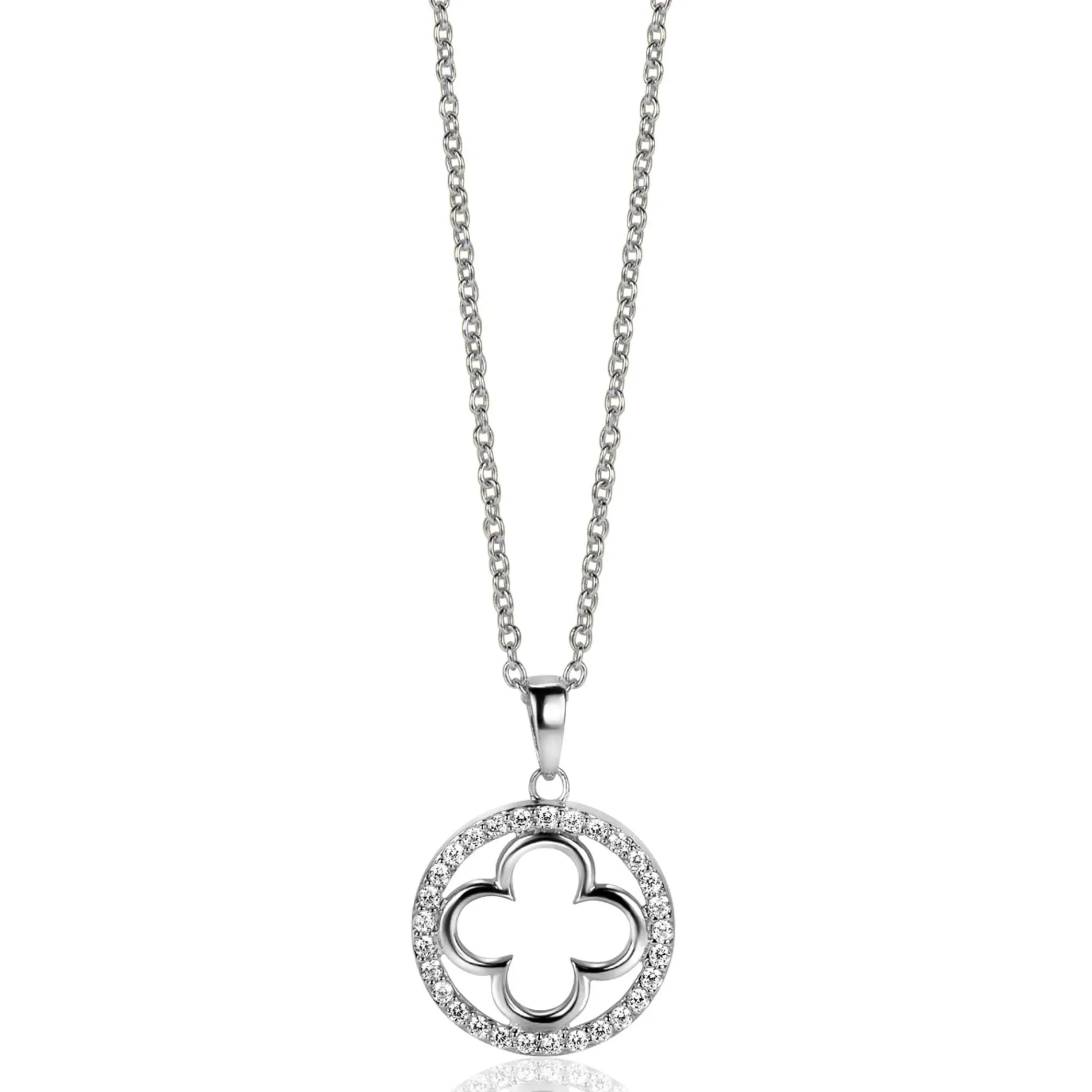 ZINZI zilveren anker ketting met luxe klaver hanger (15mm) rondom bezet met witte zirconia's 45-48cm ZIC2617