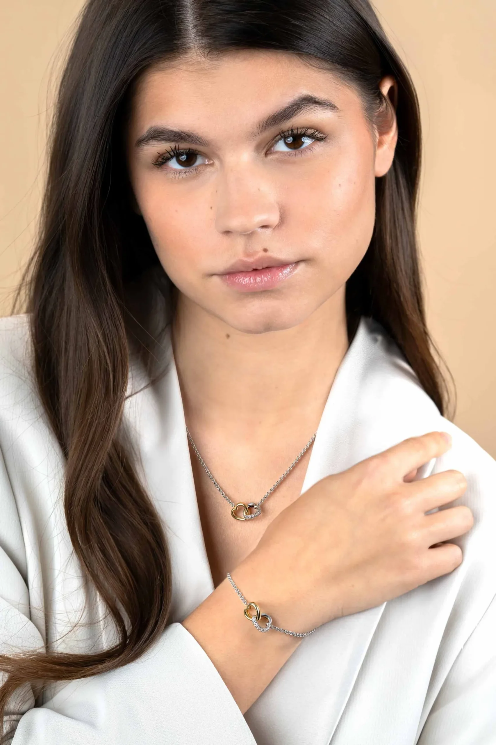 ZINZI zilveren armband bicolor schakel met twee harten verbonden 17-20cm ZIA2276