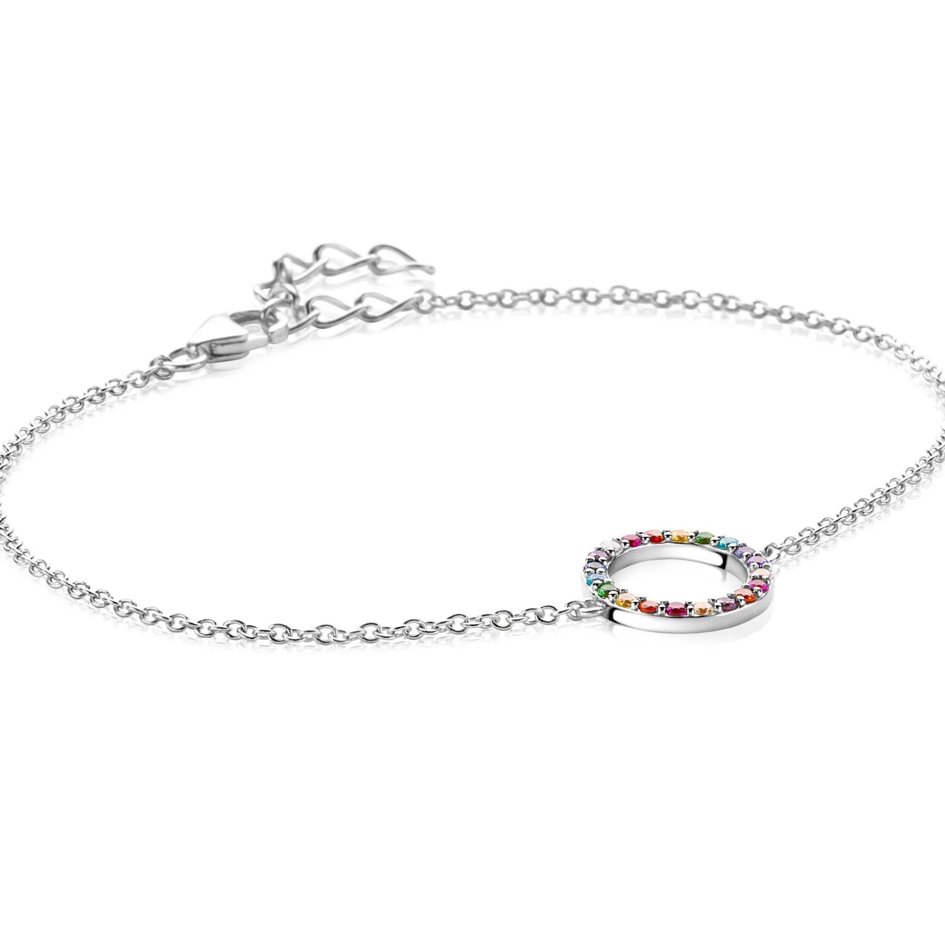 ZINZI zilveren armband met open rondje 12mm bezet regenboog 17-20cm ZIA2170Z