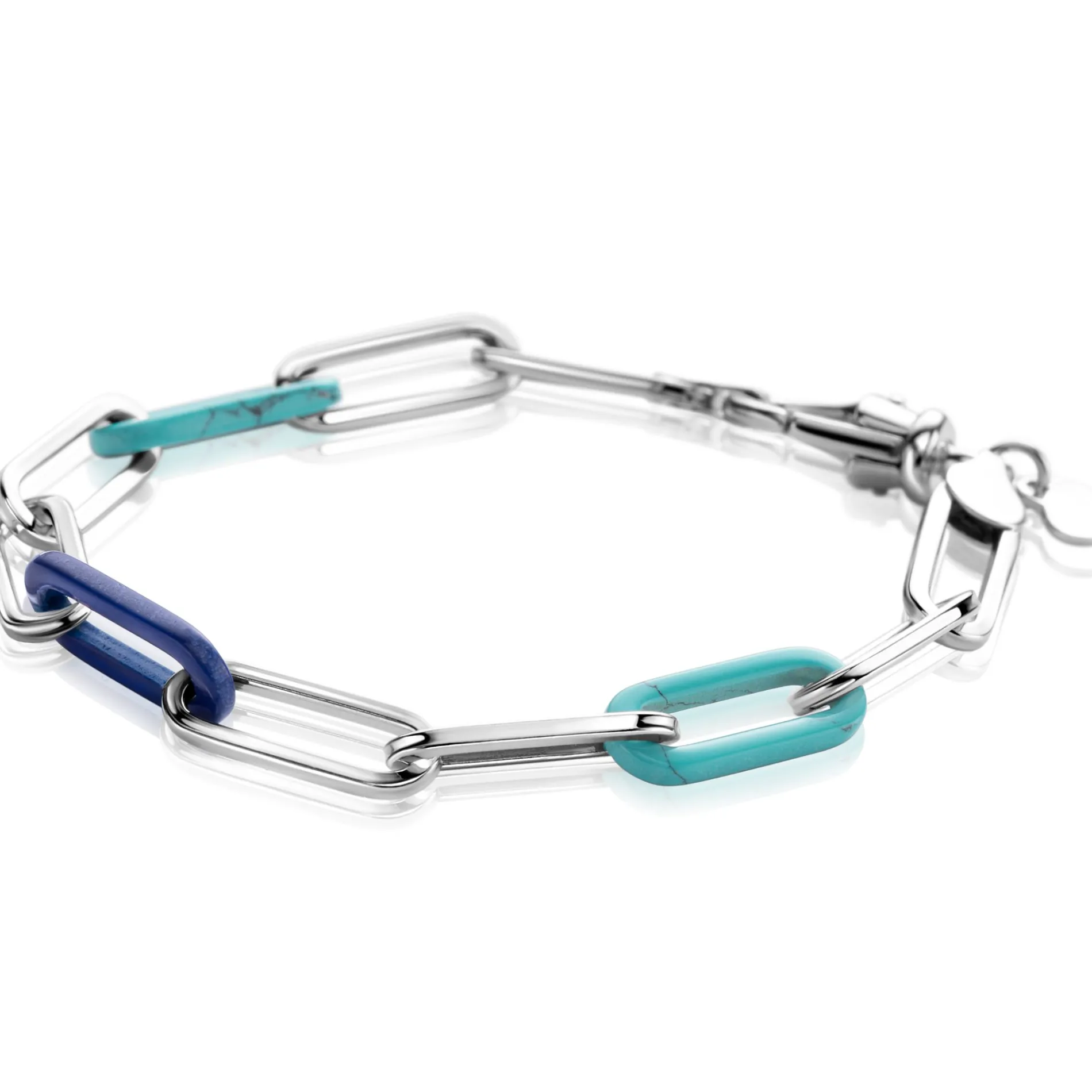 ZINZI zilveren armband met paperclip-schakels en trendy schakels in turquoise en lapisblauw 19cm ZIA2456