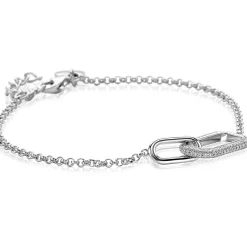 ZINZI zilveren armband met twee verbonden schakels: een rechthoekige bezet met witte zirconia's en een gladde ovale schakel 16,5-19,5cm ZIA2551