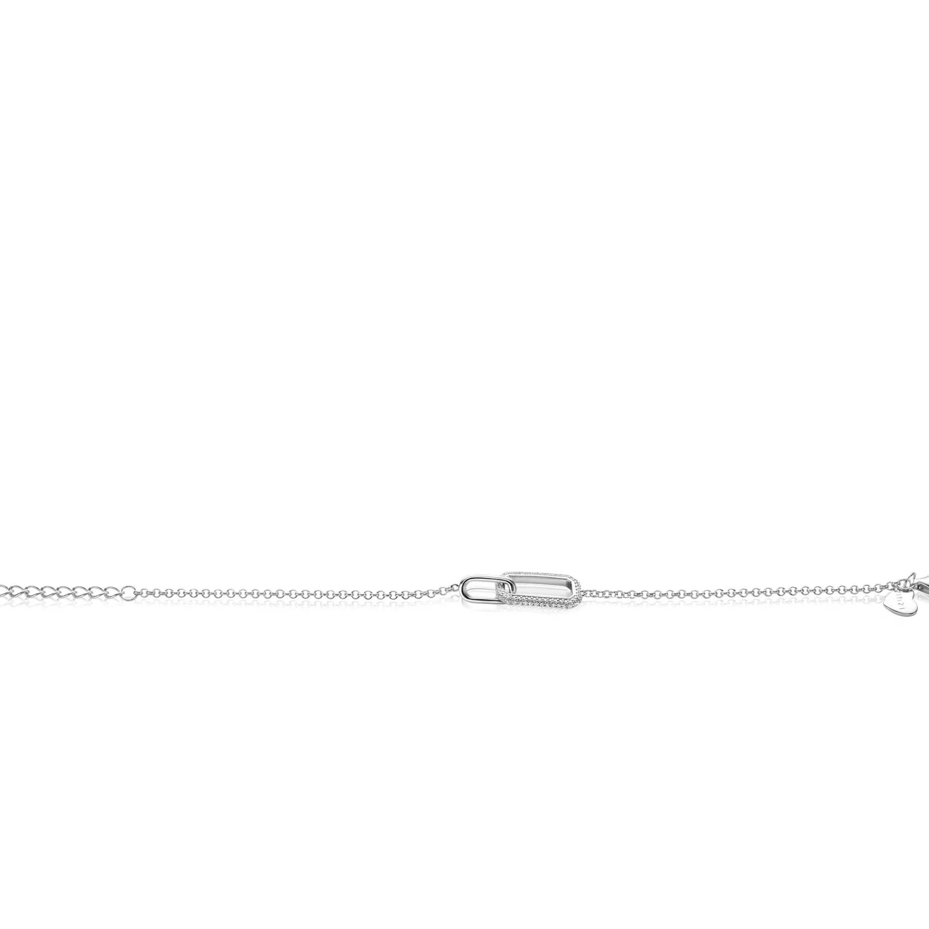 ZINZI zilveren armband met twee verbonden schakels: een rechthoekige bezet met witte zirconia's en een gladde ovale schakel 16,5-19,5cm ZIA2551