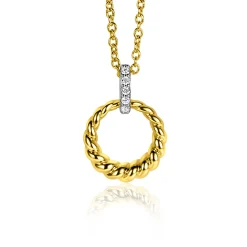 ZINZI zilveren bicolor ronde hanger 15mm gedraaid motief, hangoog bezet met witte zirconia's ZIH2403Y (zonder collier)