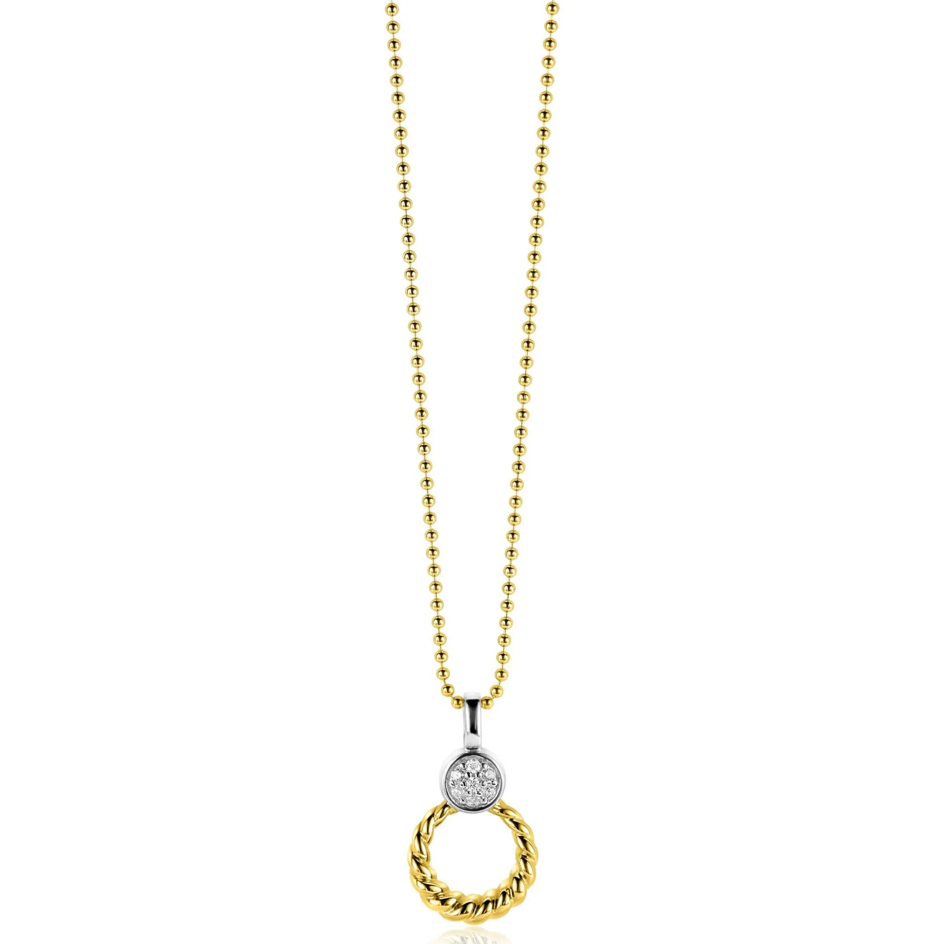 ZINZI zilveren bicolor ronde hanger 20mm gedraaid motief, bezet met witte zirconia's ZIH2390Y (zonder collier)