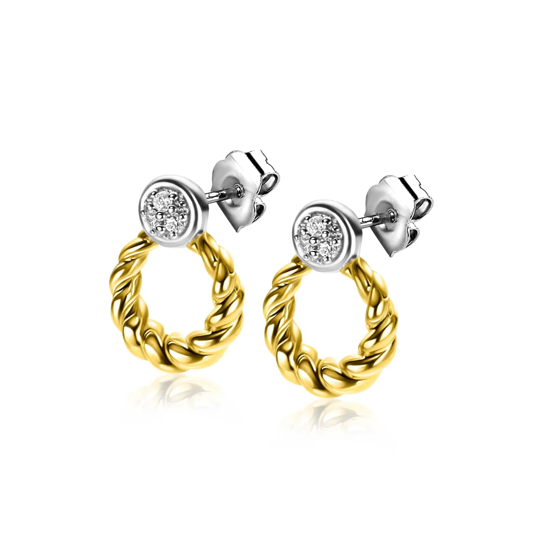 ZINZI zilveren bicolor ronde oorstekers 12mm gedraaid motief, bezet met witte zirconia's ZIO2390Y