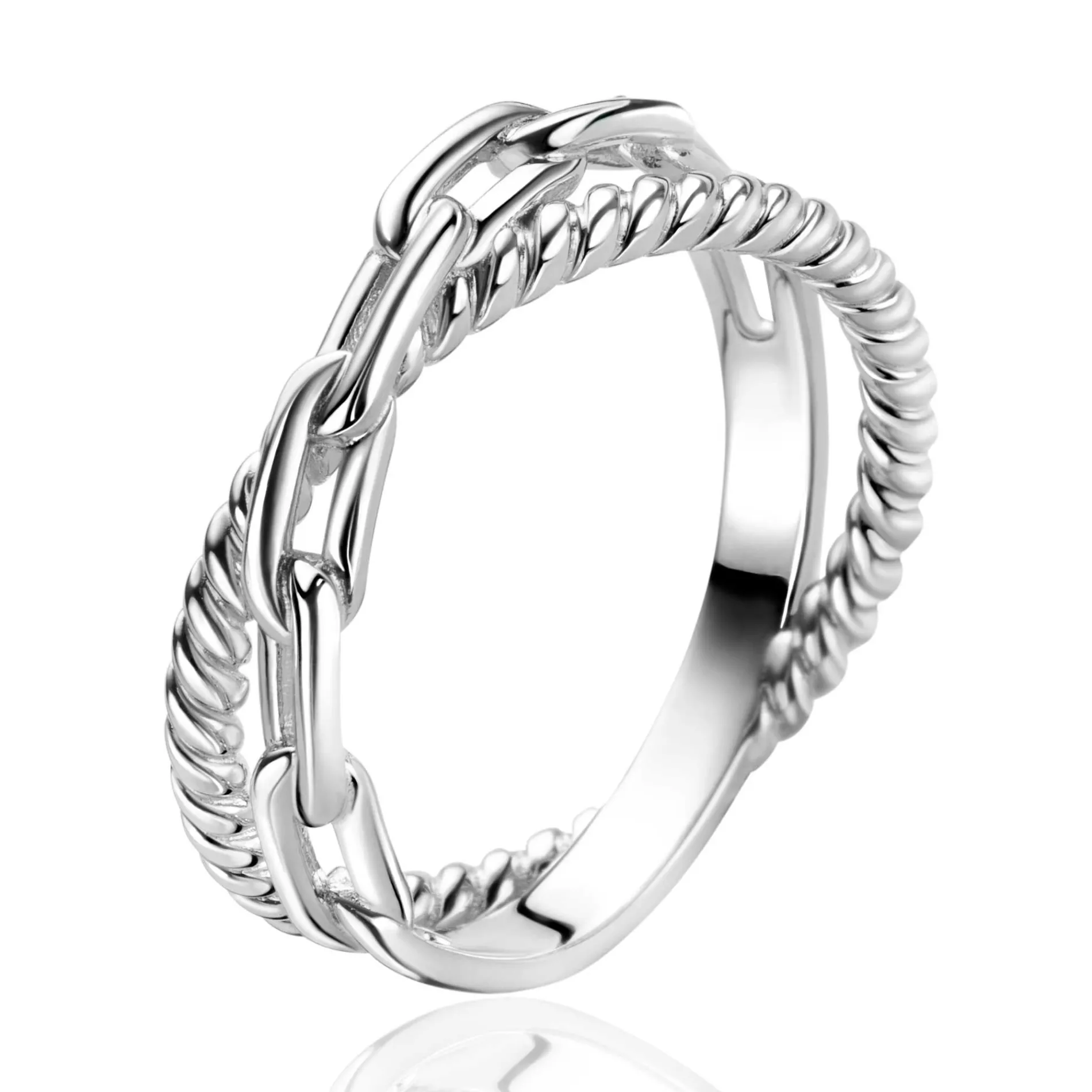 ZINZI zilveren brede cross-over ring met trendy paperclip schakel en gedraaide baan ZIR2544