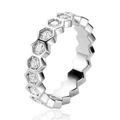 ZINZI zilveren brede ring met zeshoeksvormen, bezet met witte zirconia's ZIR2543