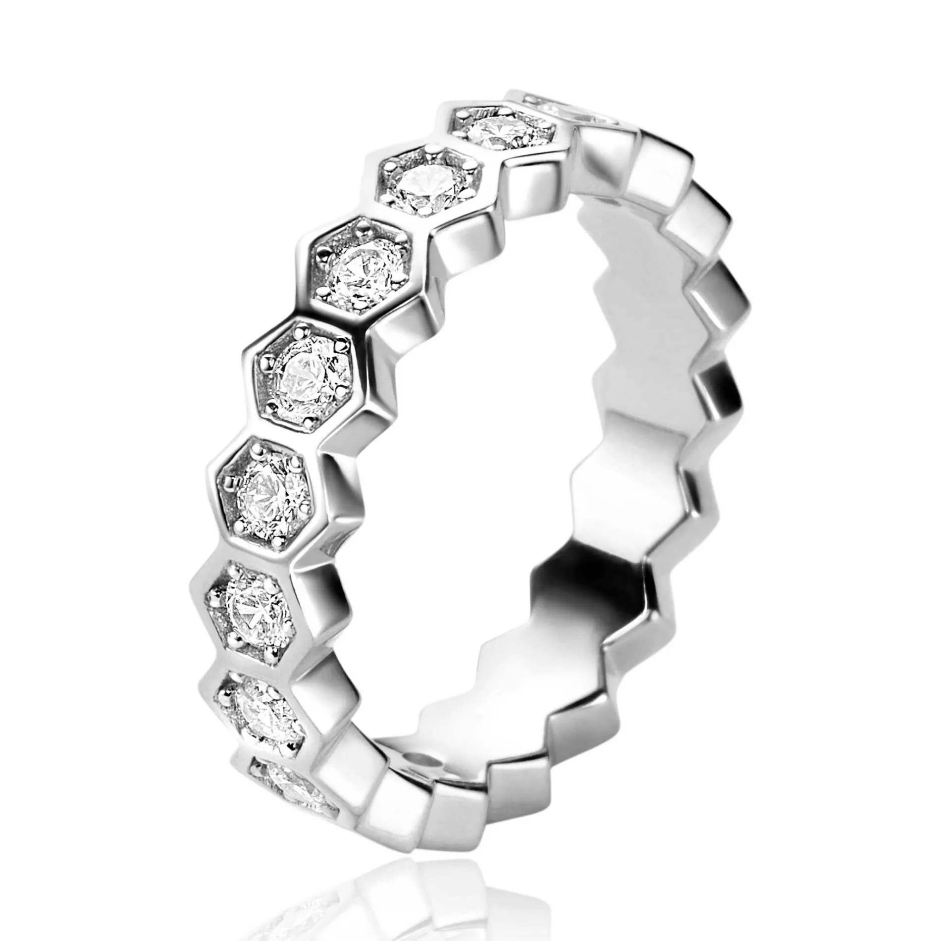 ZINZI zilveren brede ring met zeshoeksvormen, bezet met witte zirconia's ZIR2543