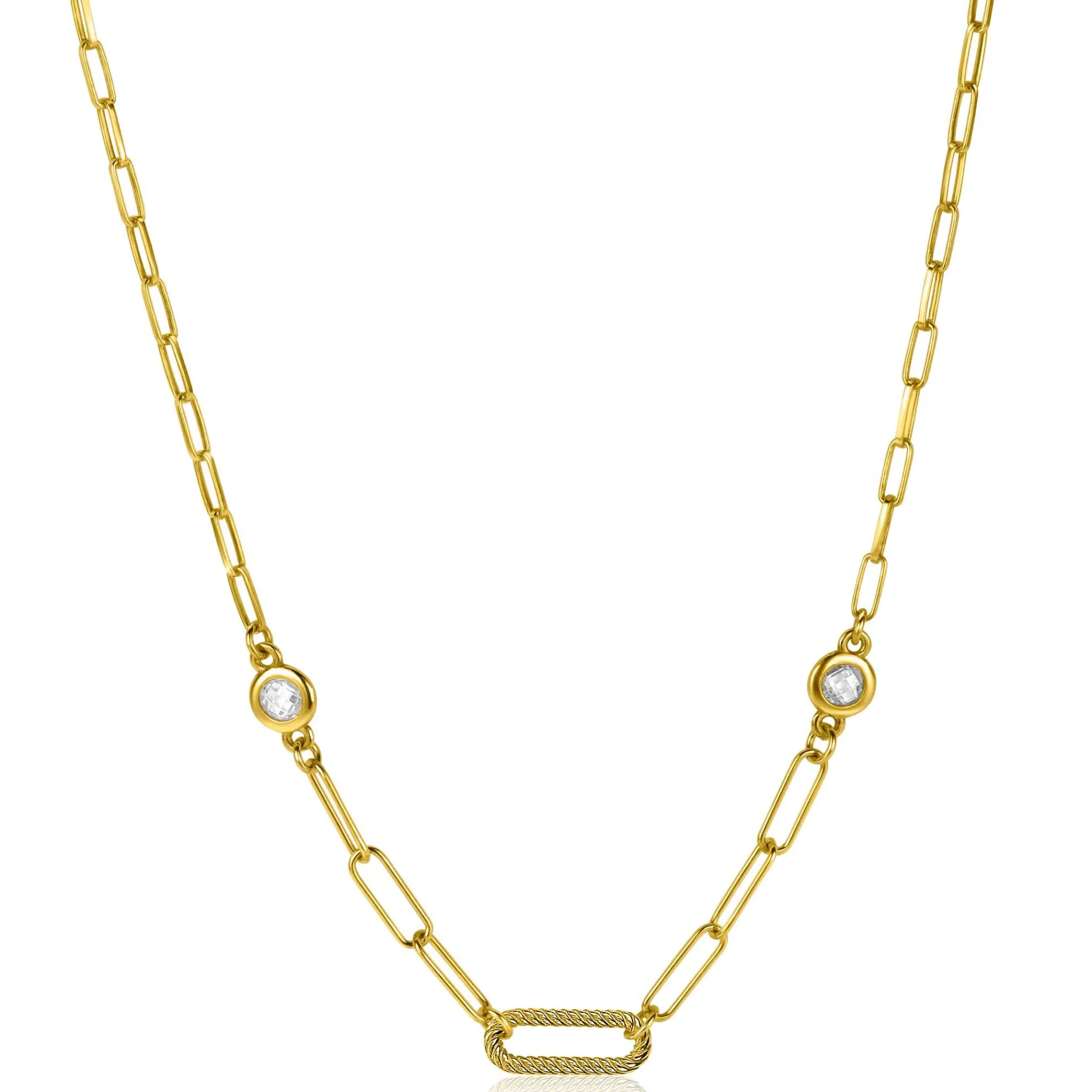 ZINZI zilveren collier extra 14K geel verguld paperclip schakel met witte ronde zirconia's 42-45cm ZIC2264G
