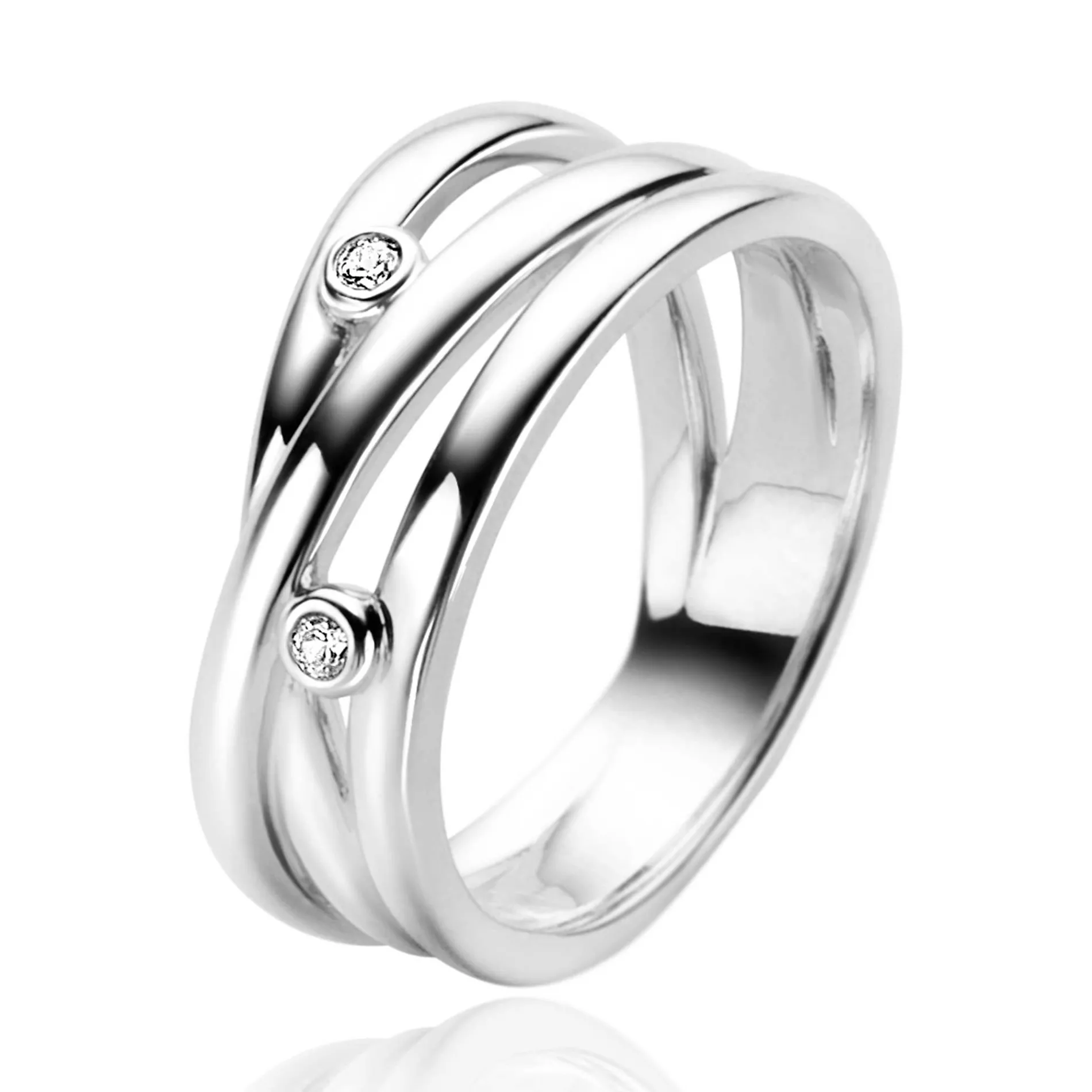 ZINZI zilveren cross-over ring met gladde banen en ronde zettingen met witte zirconia ZIR2571