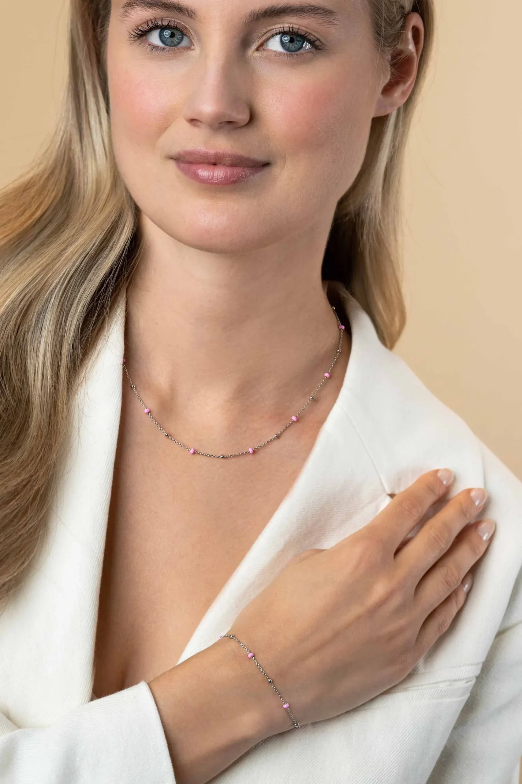 ZINZI zilveren fantasie armband met 5 roze donuts en glanzende bolletjes 17-19,5cm ZIA2510
