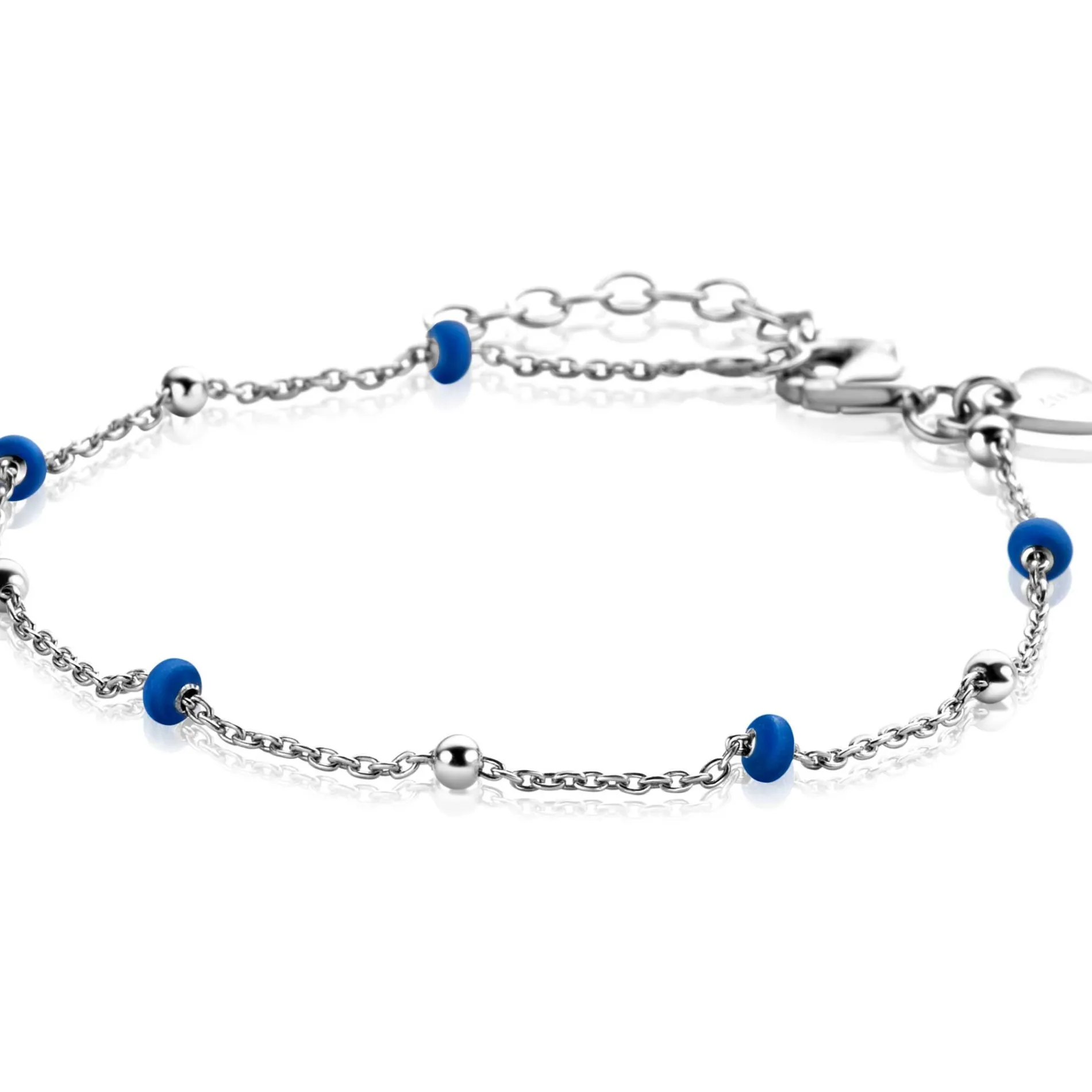 ZINZI zilveren fantasie armband met 5 blauwe donuts en glanzende bolletjes 17-19,5cm ZIA2511