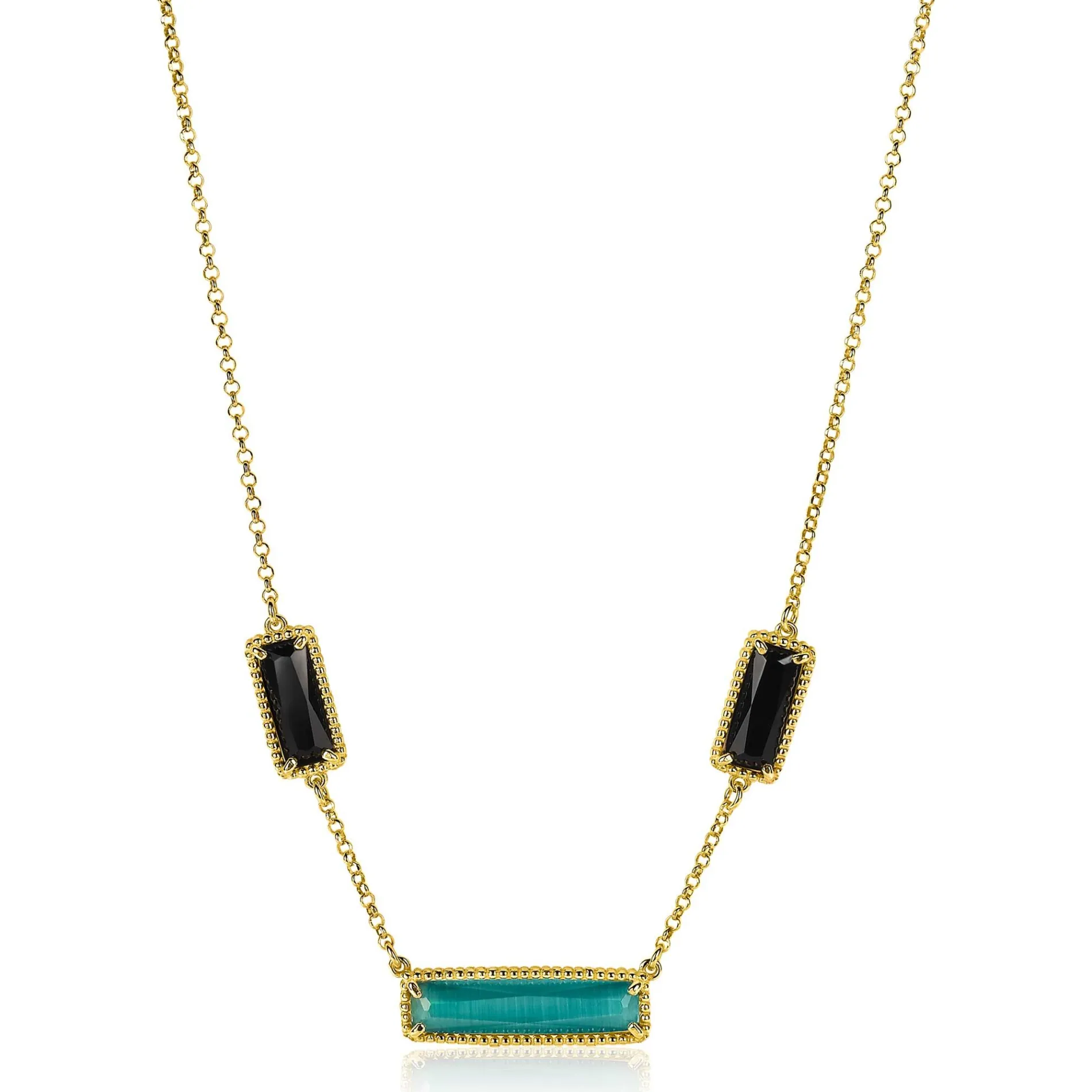 ZINZI zilveren fantasie collier 14K geel verguld met grote rechthoekige kleurstenen groen/zwart 42-45cm ZIC2112