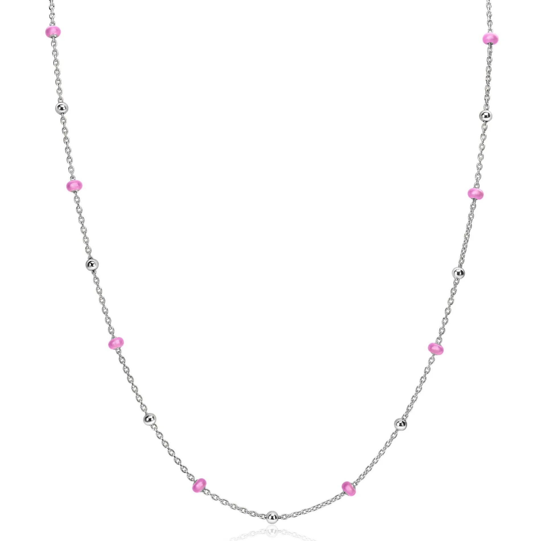 ZINZI zilveren fantasie ketting met 13 roze donuts en glanzende bolletjes 42-45cm ZIC2510