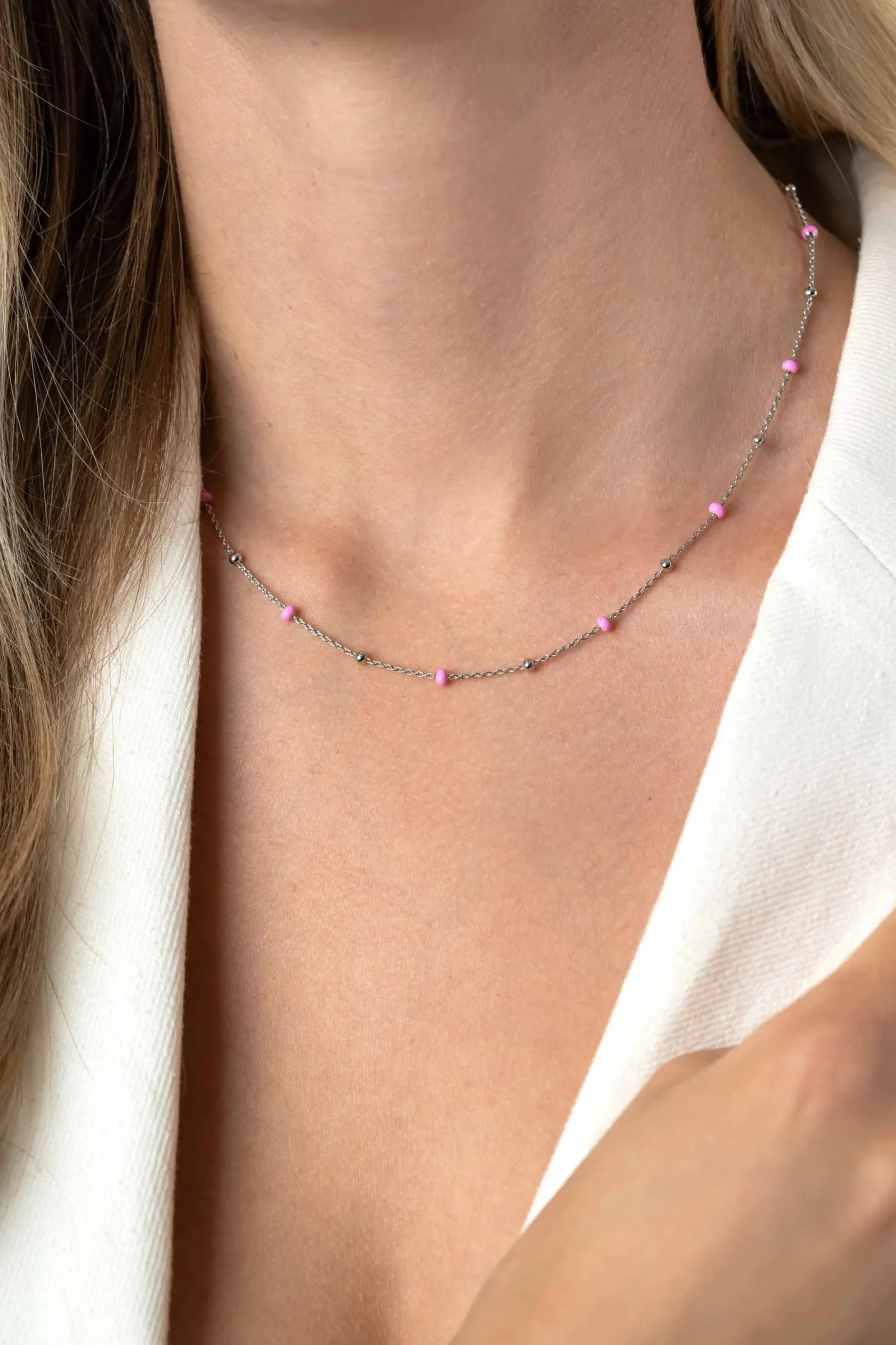 ZINZI zilveren fantasie ketting met 13 roze donuts en glanzende bolletjes 42-45cm ZIC2510