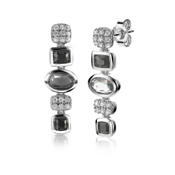 ZINZI zilveren fantasie oorsieraden 25mm met witte zirconia's en grijs zwarte kleurstenen ZIO1944