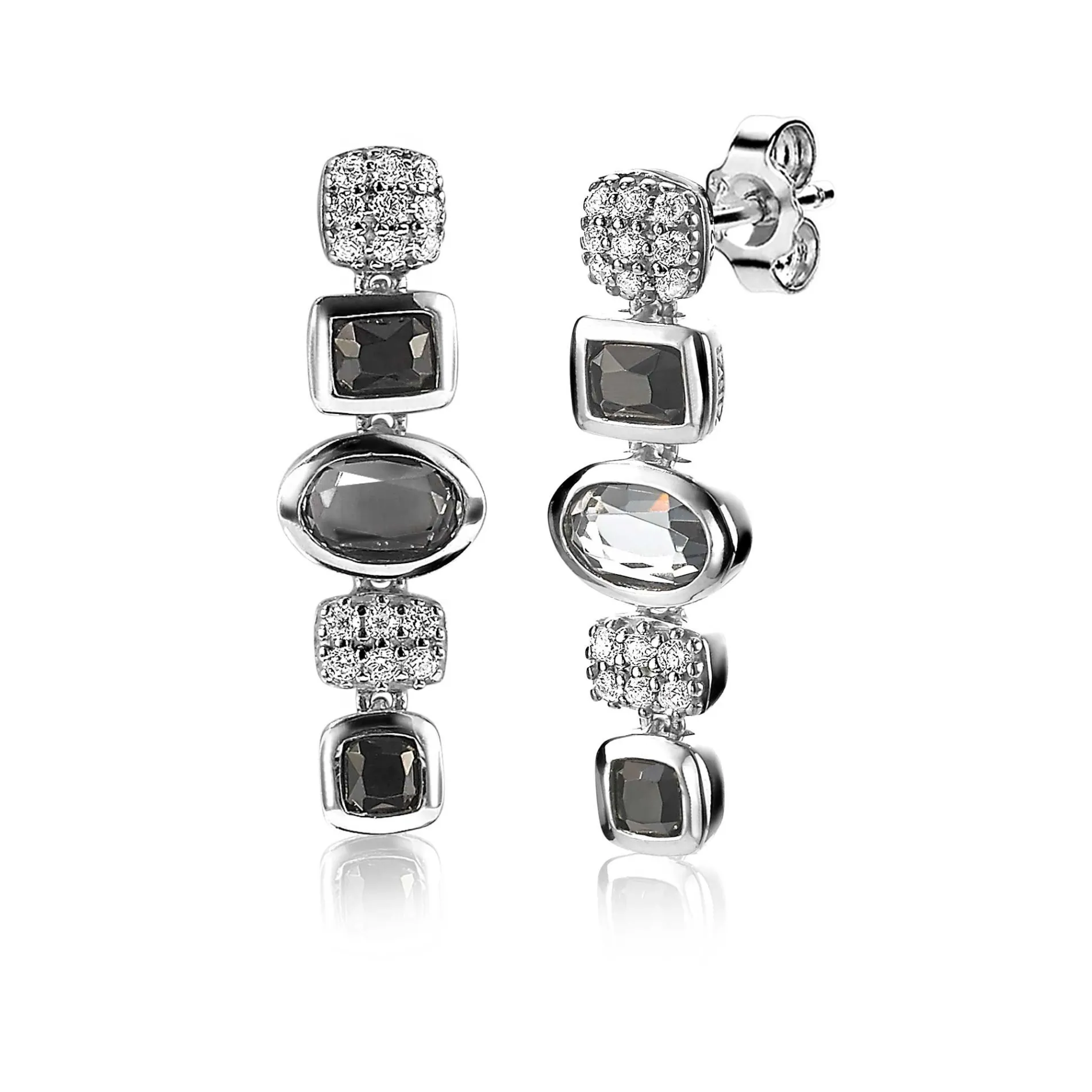 ZINZI zilveren fantasie oorsieraden 25mm met witte zirconia's en grijs zwarte kleurstenen ZIO1944