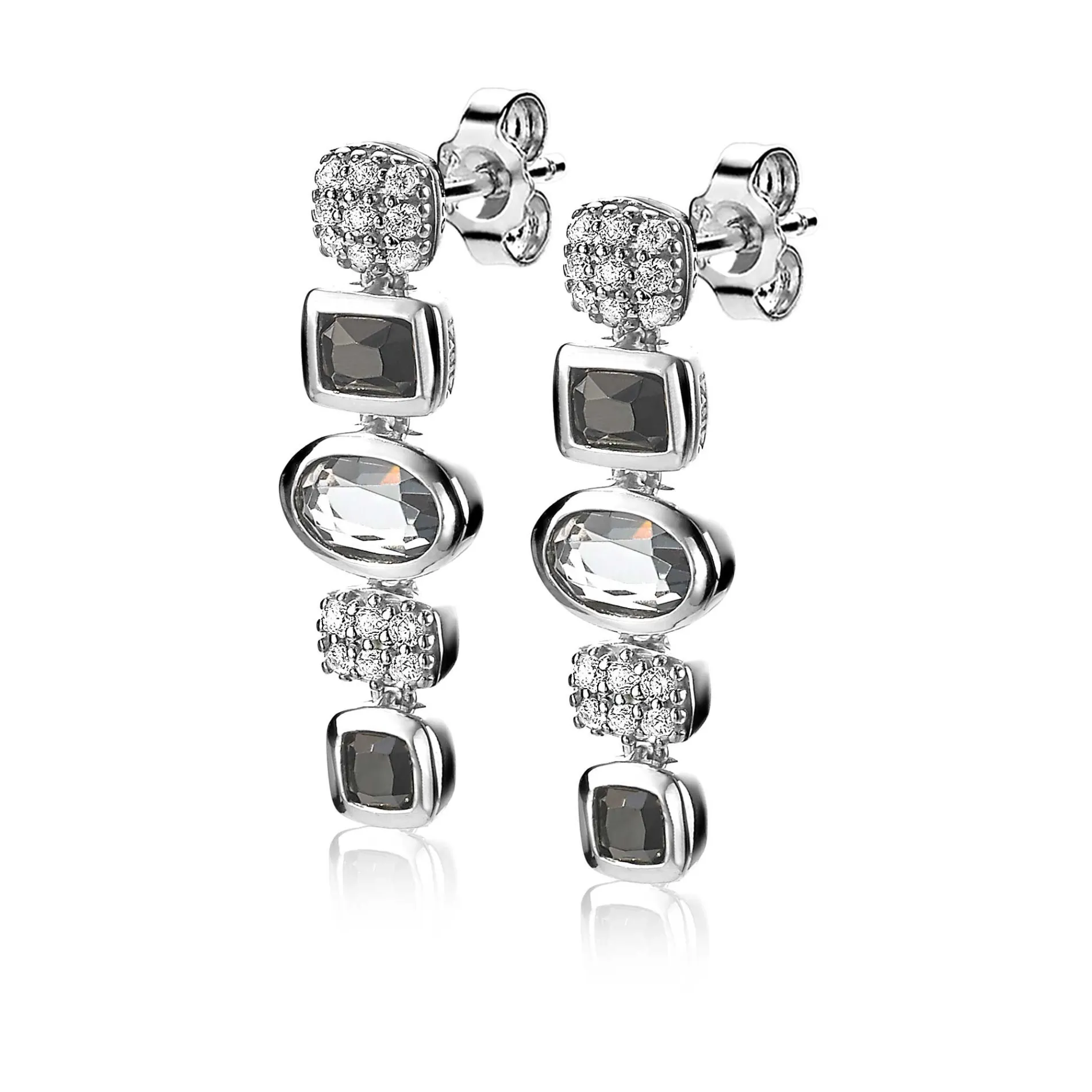 ZINZI zilveren fantasie oorsieraden 25mm met witte zirconia's en grijs zwarte kleurstenen ZIO1944