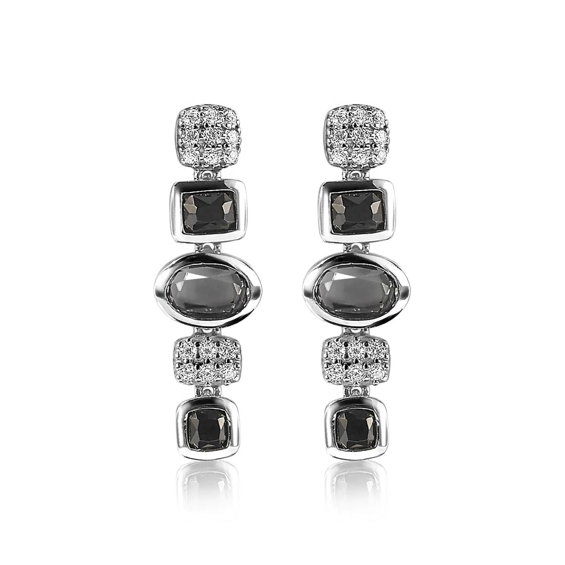 ZINZI zilveren fantasie oorsieraden 25mm met witte zirconia's en grijs zwarte kleurstenen ZIO1944