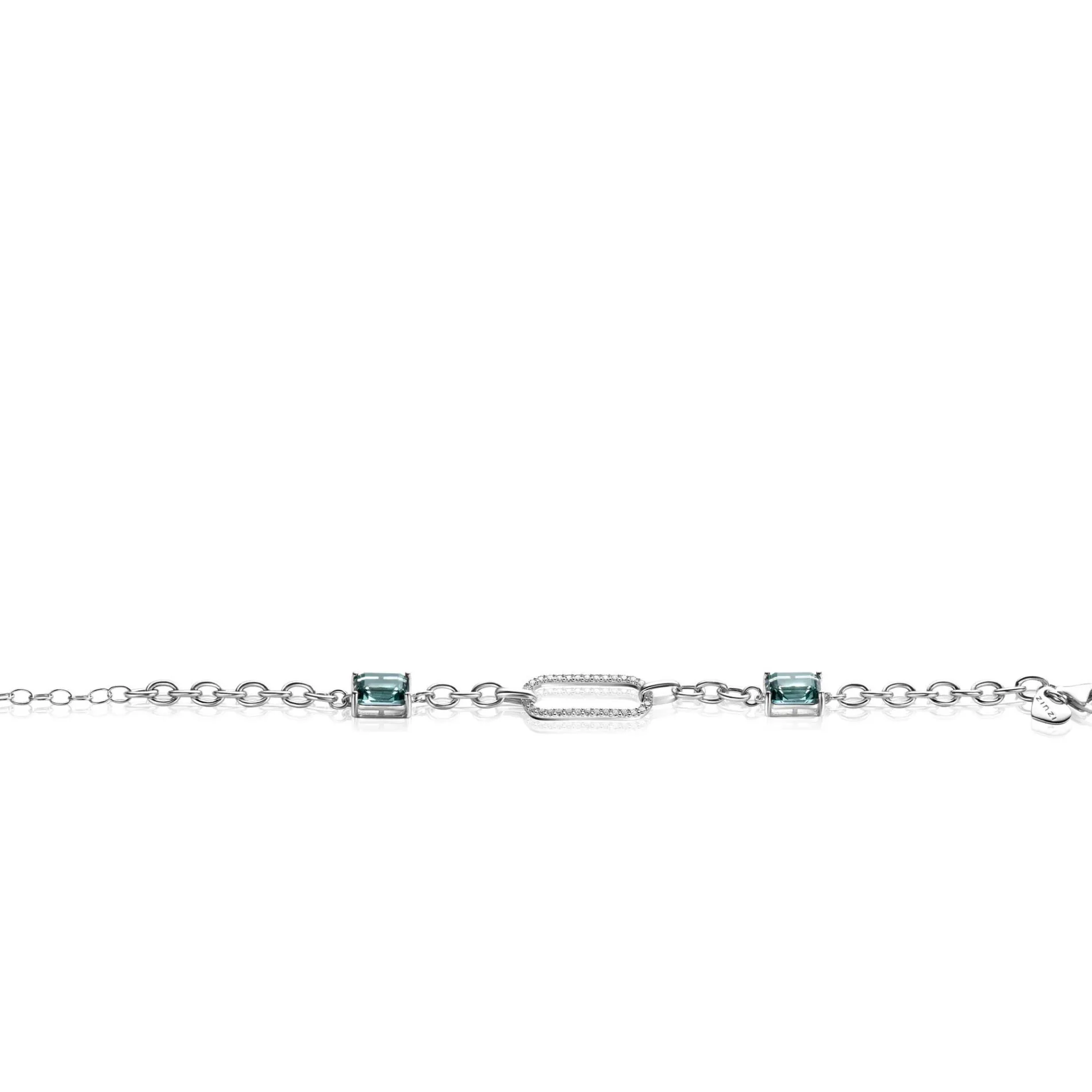 ZINZI zilveren fantasie schakel armband met ovale schakel, bezet met witte zirconia's en twee groenachtig blauwe (petrol) kleurstenen in vierpootszetting 18-21cm ZIA2487