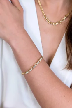 ZINZI zilveren gourmet armband 14K geel verguld grove ovale schakels bicolor witte zirconia ZIA2203Y