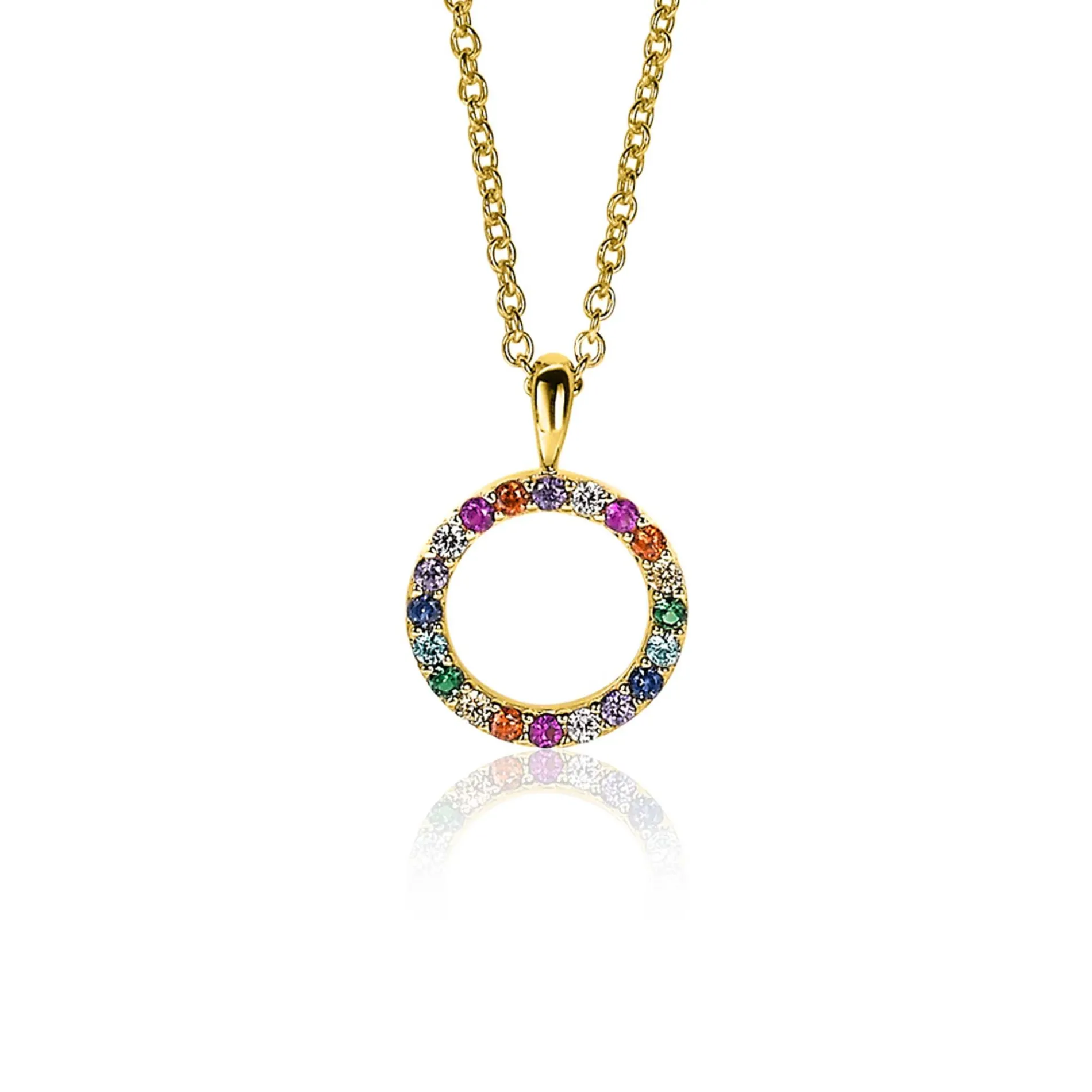 ZINZI zilveren hanger 14K geel verguld 12mm bezet regenboog ZIH2170 (zonder collier)