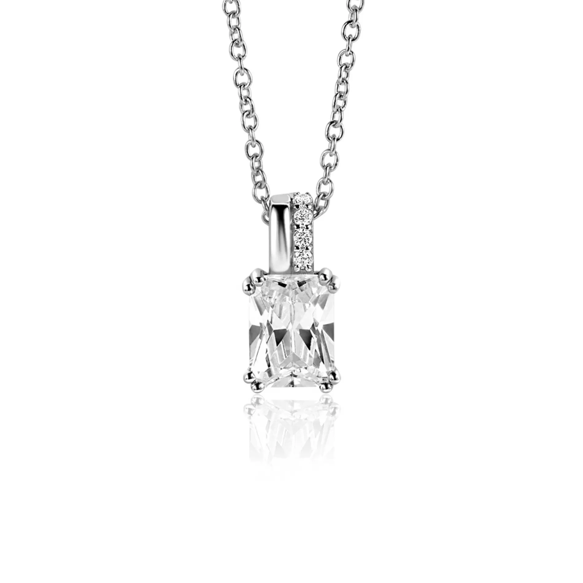 ZINZI zilveren hanger 14mm met rechthoekige witte zirconia en luxe hangoog ZIH2392 (zonder collier)