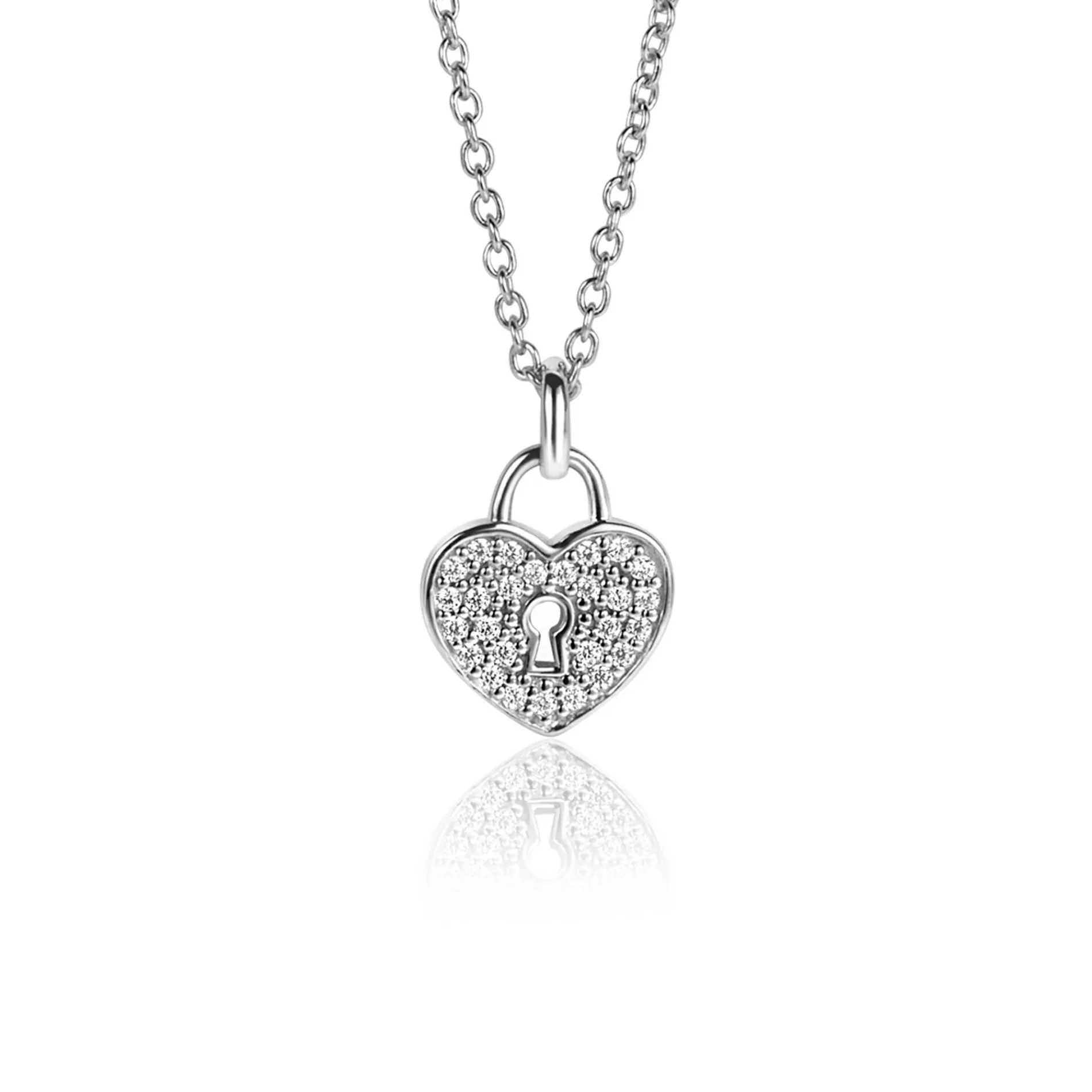 ZINZI zilveren hart hanger (15mm), met trendy sleutelgat en bezet met witte zirconia's ZIH2400 (zonder collier)