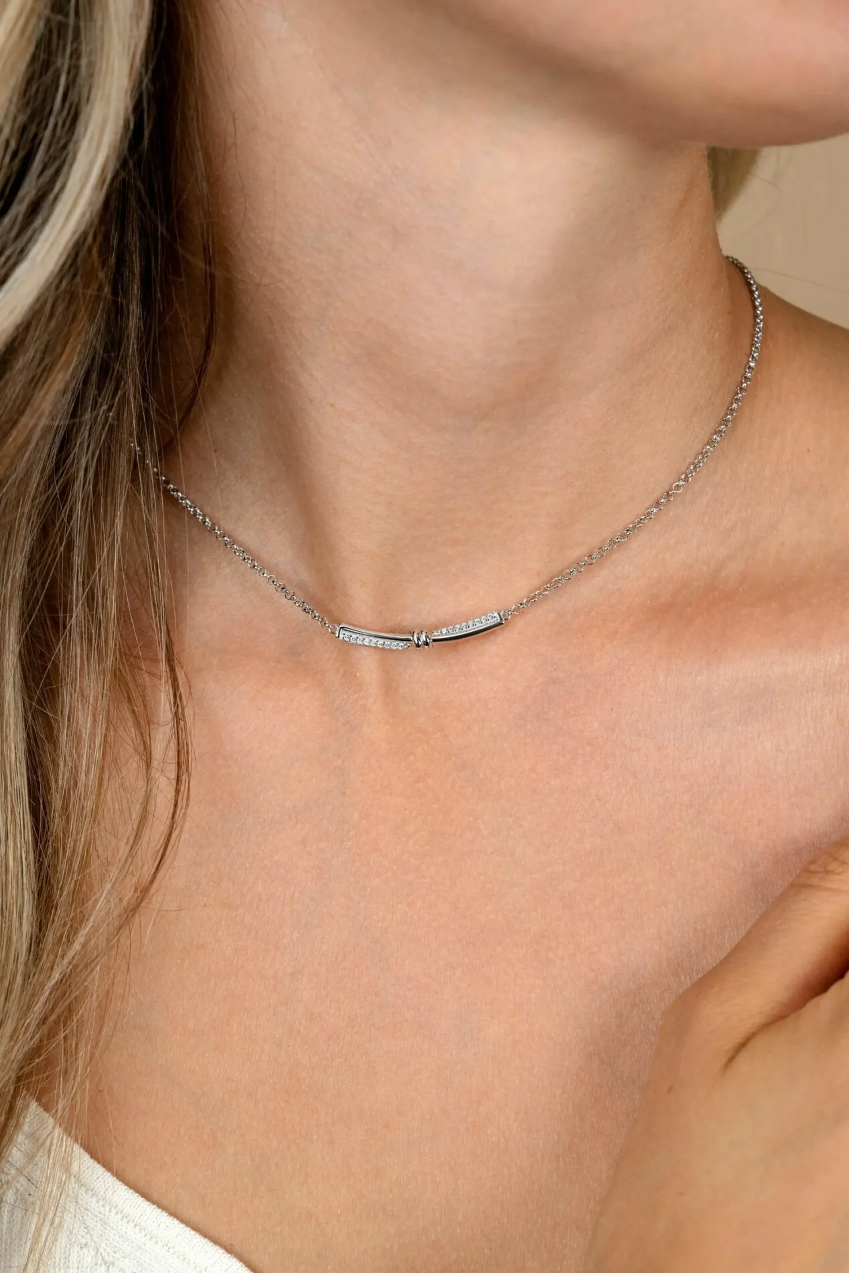 ZINZI zilveren jasseron schakelketting met luxe twist hanger met knoop en witte zirkonia's 42-45cm ZIC2680