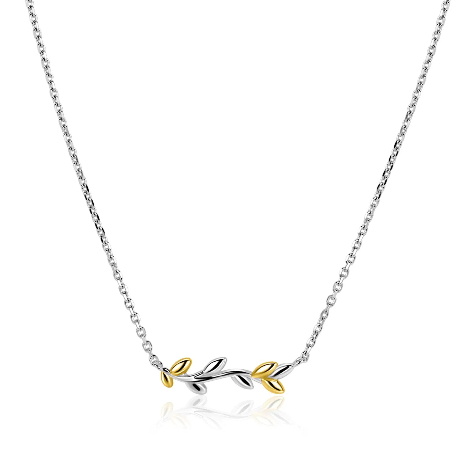 ZINZI zilveren ketting 42–45cm met sierlijk bicolor takje met bladeren ZIC2740