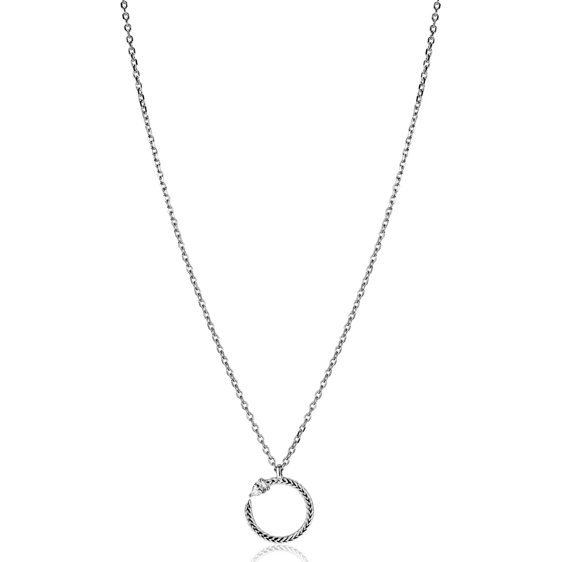 ZINZI zilveren ketting 42–45cm met ronde slang-hanger (15mm), bezet met peervormige witte zirkonia ZIC2722