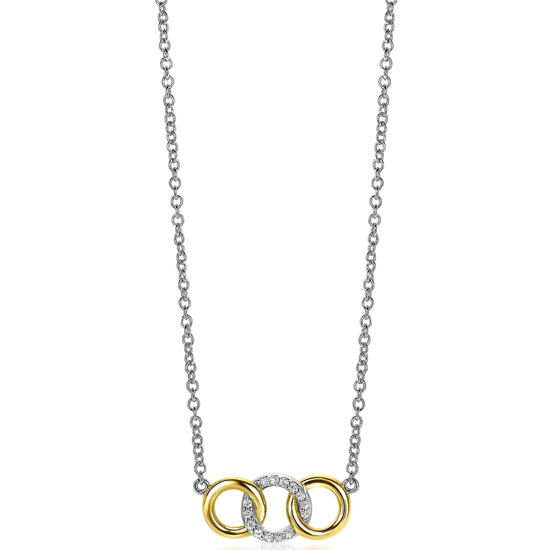 ZINZI zilveren ketting 45cm geel verguld met 3 open rondjes verbonden wit ZIC2045Y