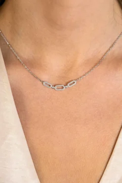 ZINZI zilveren ketting 45cm met drie ovale schakels, bezet met witte zirconia's ZIC2398