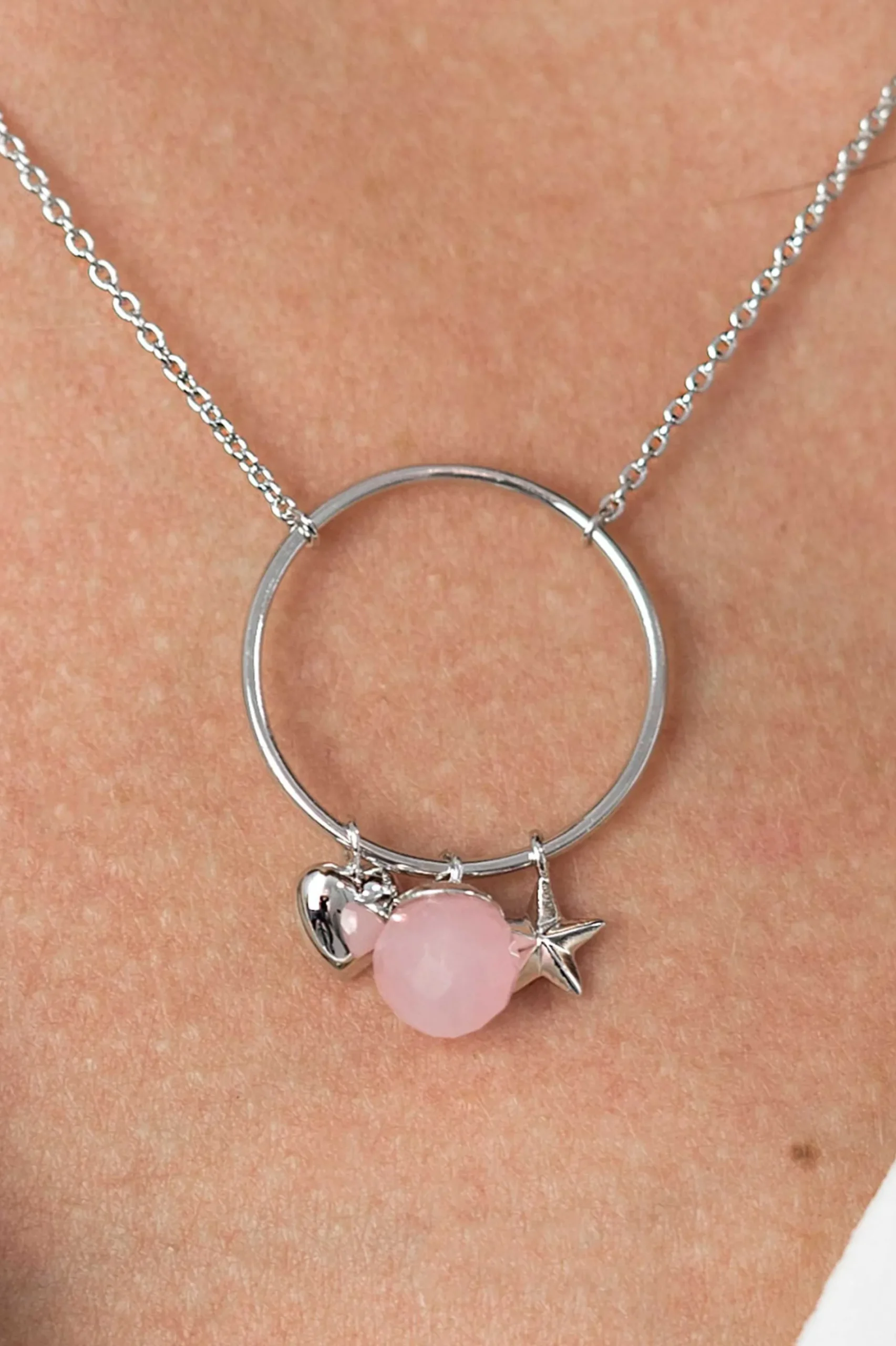 ZINZI zilveren ketting hartje rond ster roze 45cm ZIC1878