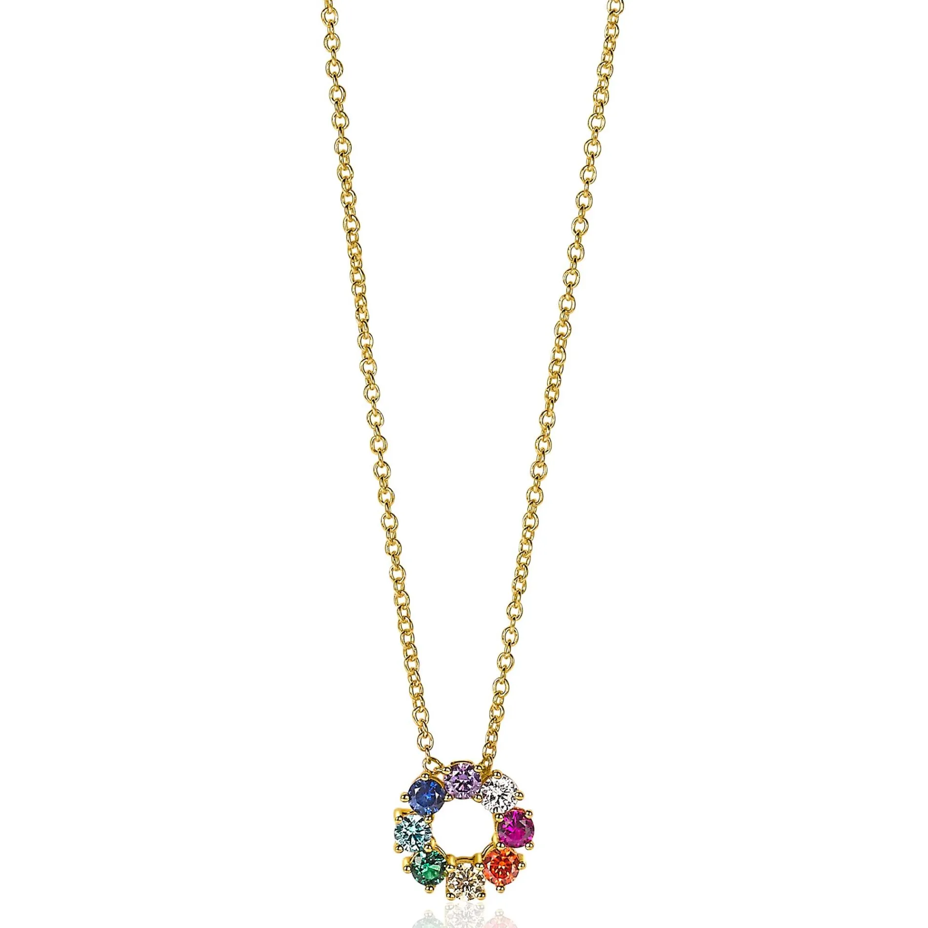 ZINZI zilveren ketting 14K geel verguld 12mm ronde hanger regenboog ZIC2172