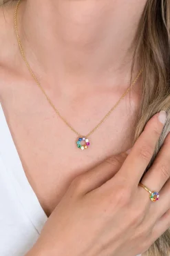 ZINZI zilveren ketting 14K geel verguld 12mm ronde hanger regenboog ZIC2172