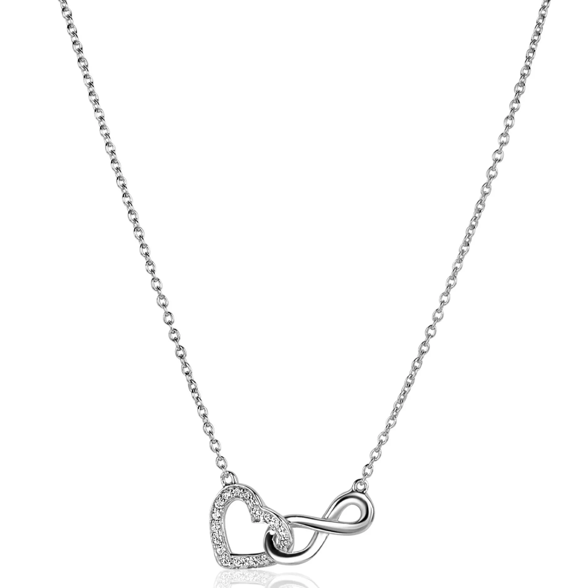 ZINZI zilveren ketting met Infinity teken verbonden met een open hart, bezet met witte zirconia's 42-45cm ZIC2596