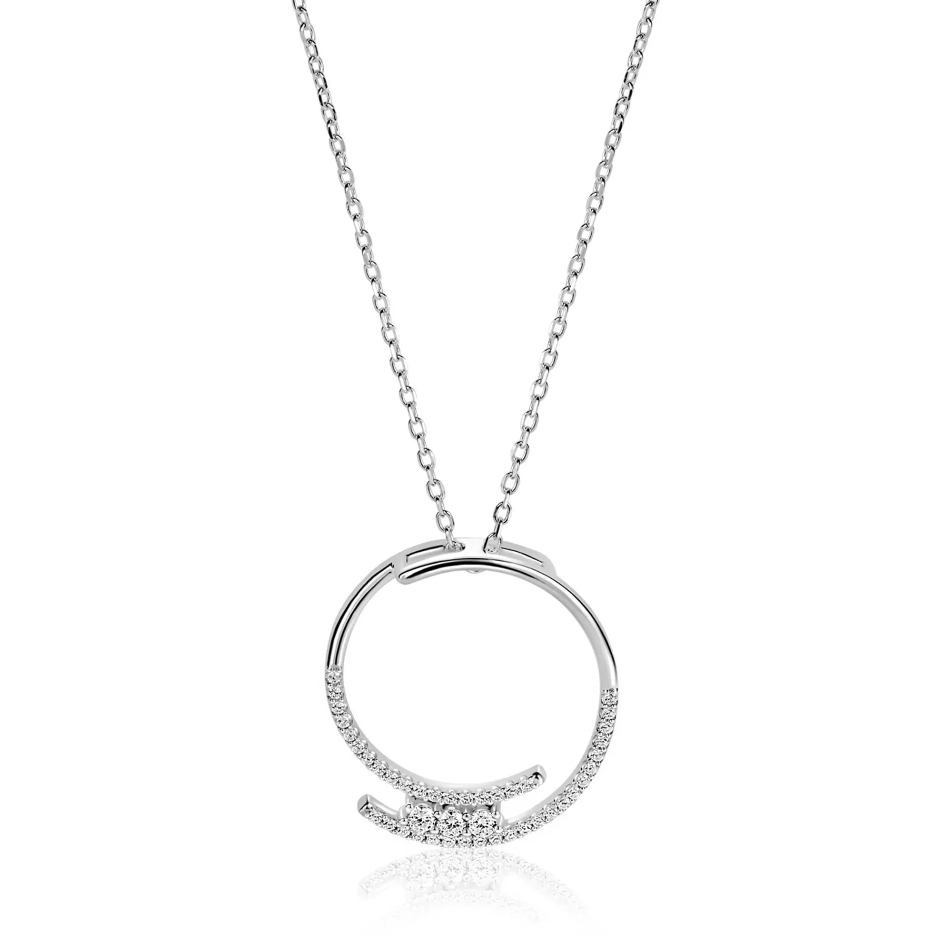 ZINZI zilveren ketting met grote open ronde hanger 25mm bezet met witte zirkonia's 45-50 cm ZIC2645